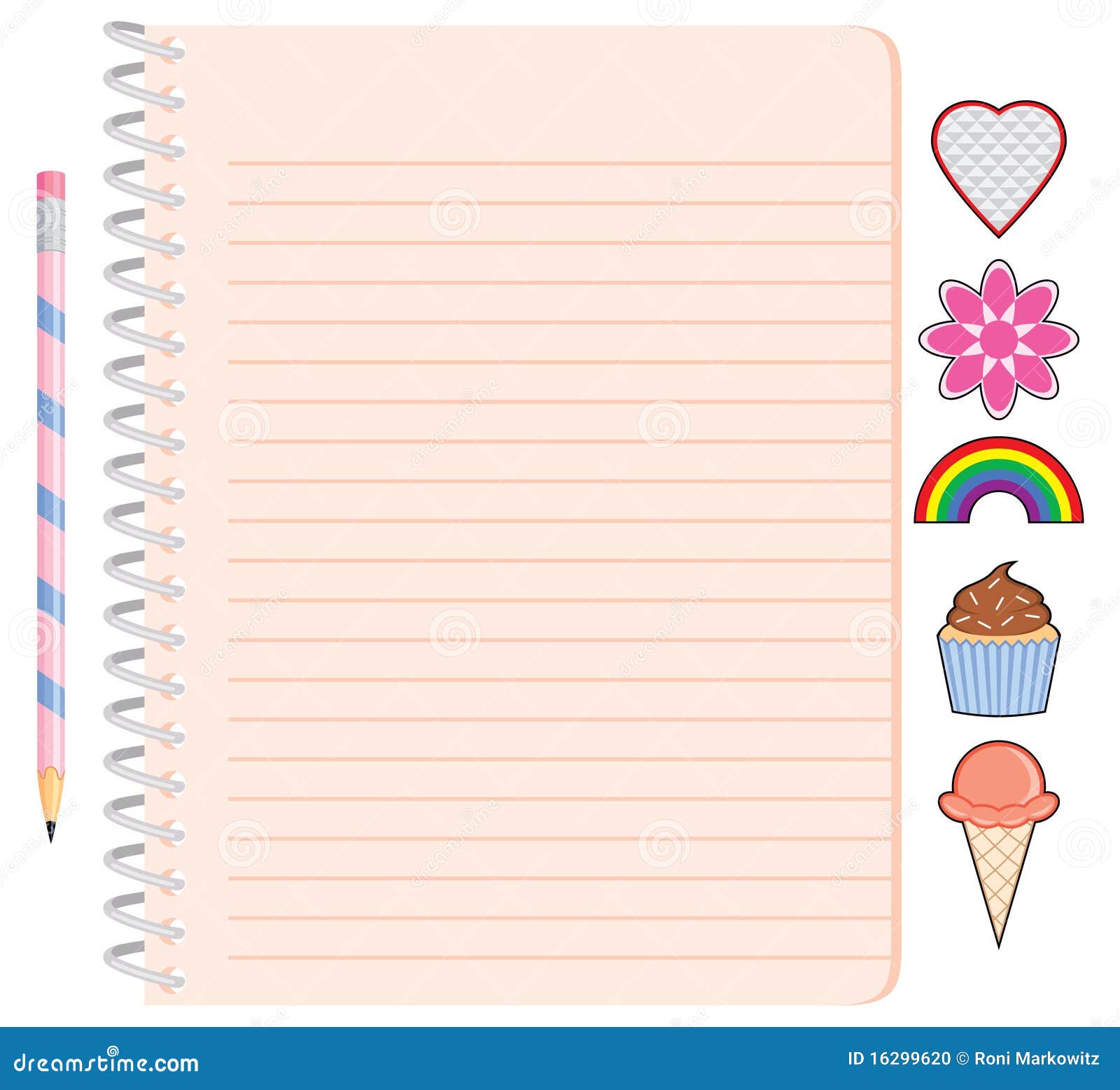 Caderno espiral da menina com lápis e etiquetas. Um caderno espiral bonito com lápis e etiquetas para uma menina. As etiquetas incluem um cone de gelado do coração, da flor, do arco-íris, do queque e.