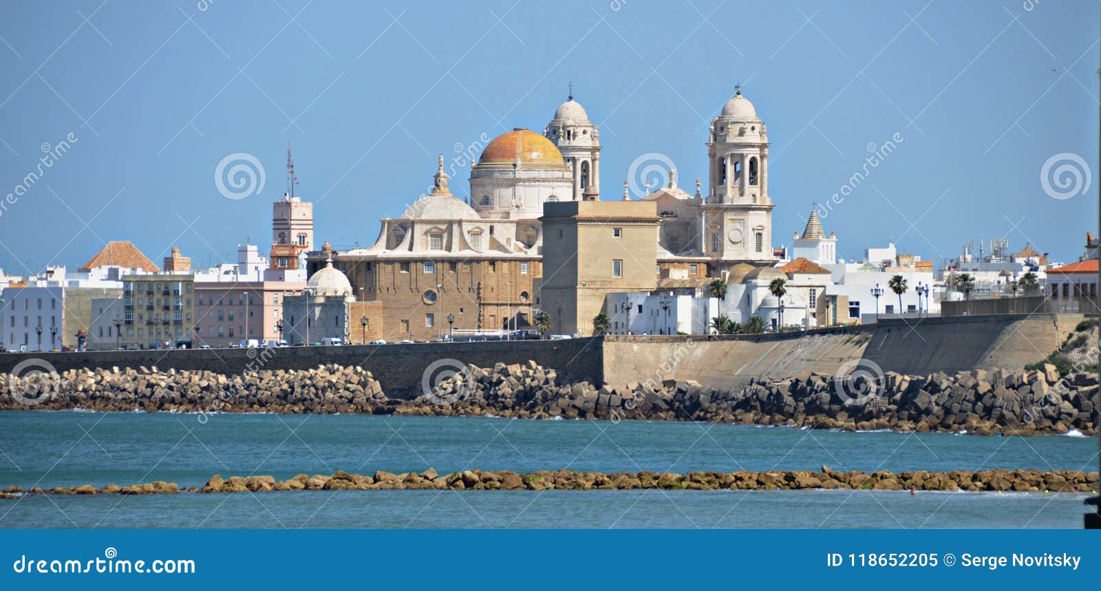 cadiz cathedral view from the water. spain.
