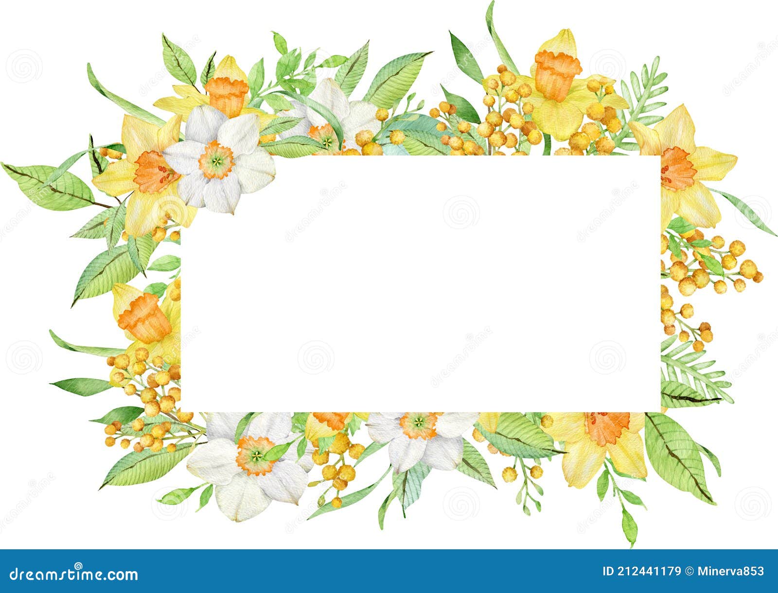 Cadre D'aquarelle Avec Des Fleurs Jaunes Du Printemps. Jonquilles Et Modèle  De Branches De Mimosa. Cartes De Fête Des Mères Illustration Stock -  Illustration du salutation, heureux: 212441179