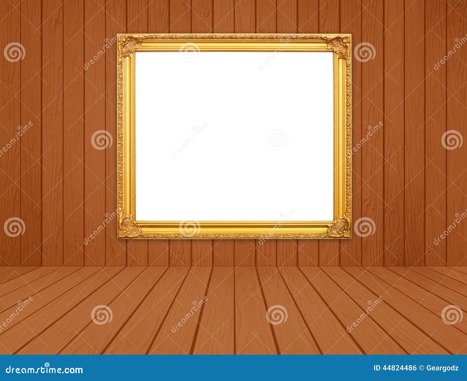 Cadre d'or vide dans la chambre avec le plancher en bois blanc de ...