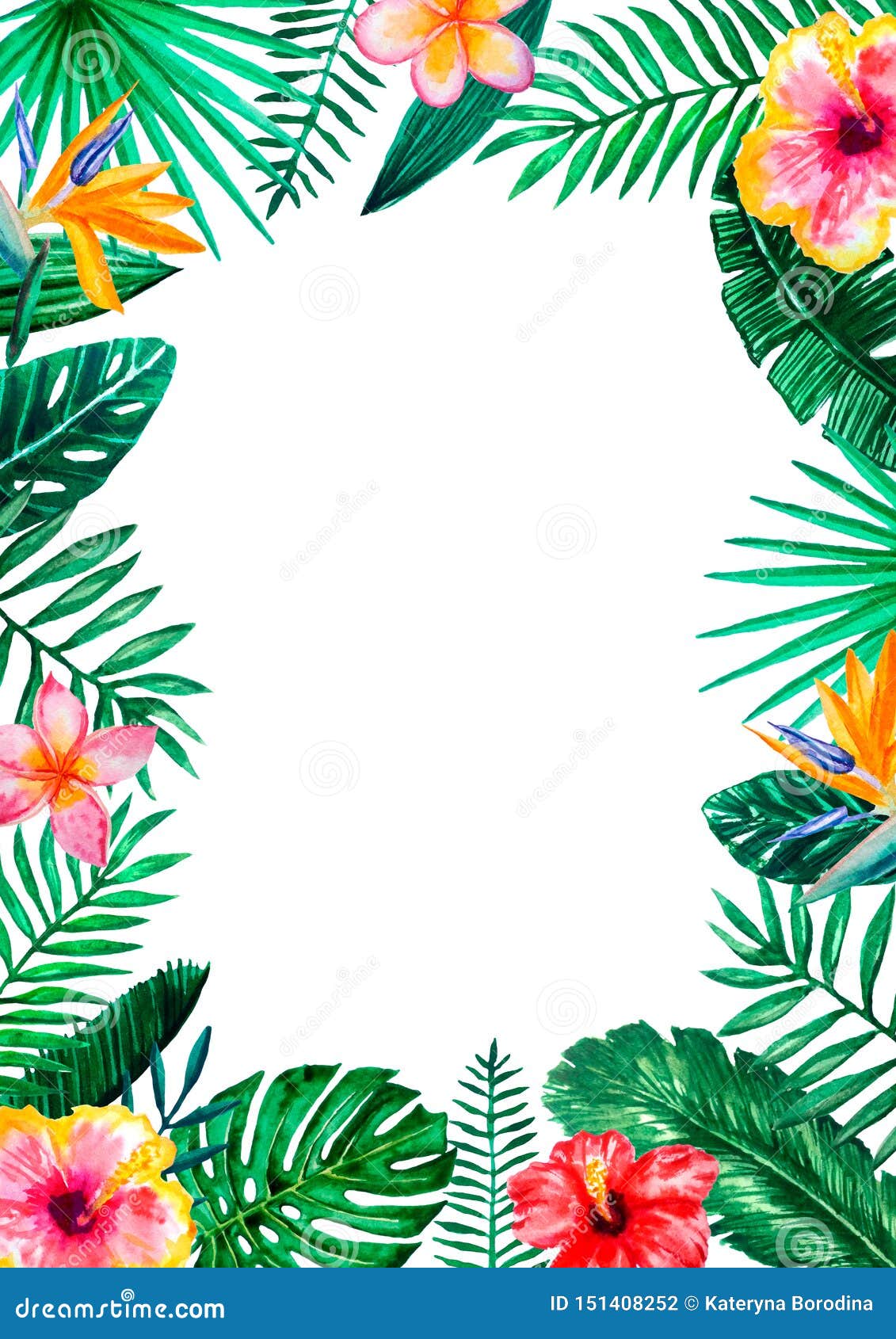 Invitation D'anniversaire, Modèle De Carte. Fête De La Jungle. Cadre De  Feuilles Tropicales Aquarelle.