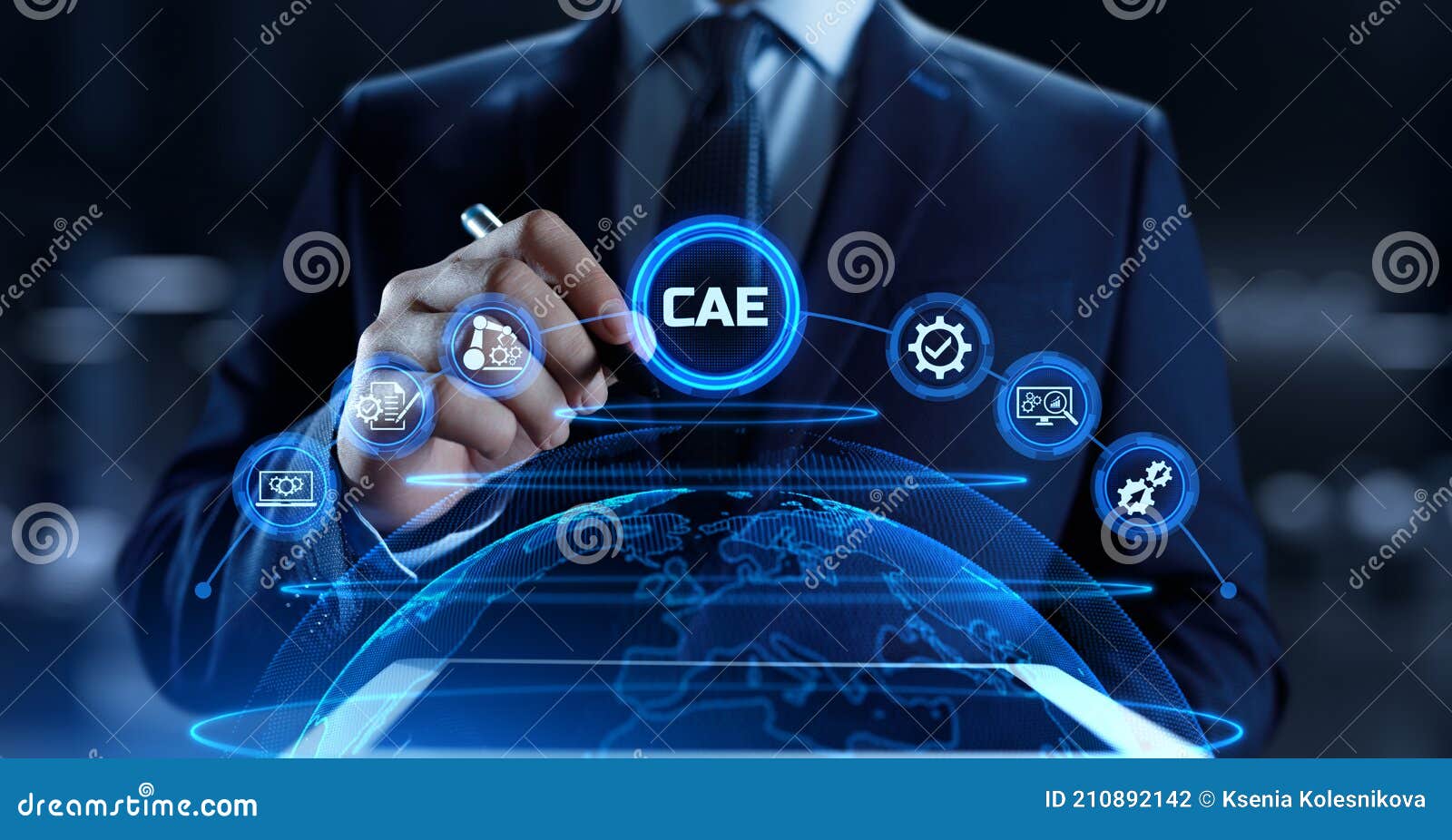cae computer-aided engineering software system concept. businessman pressing button on screen.