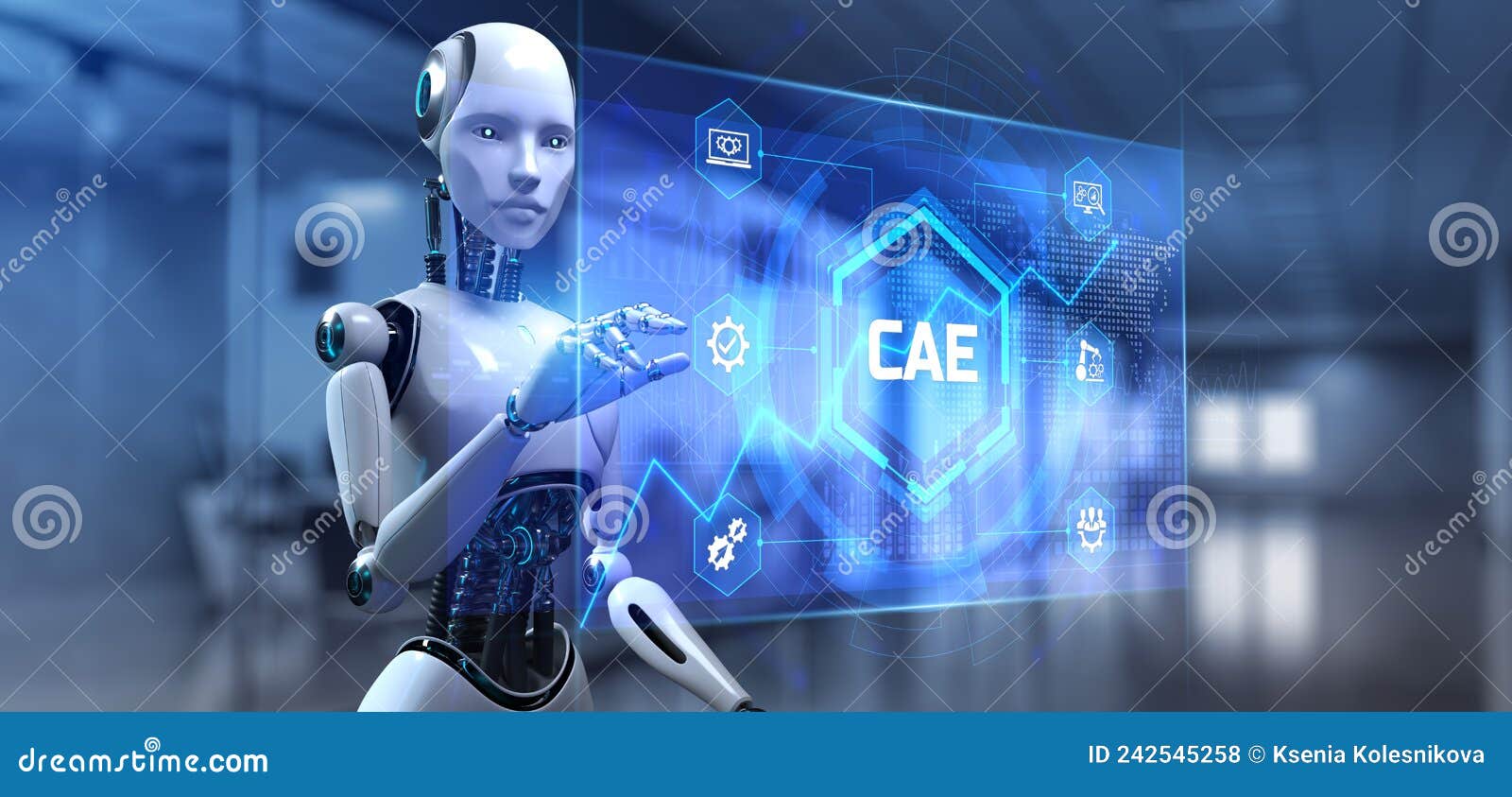 cae computer-aided engineering software system. technology concept. robot pressing button on screen 3d render