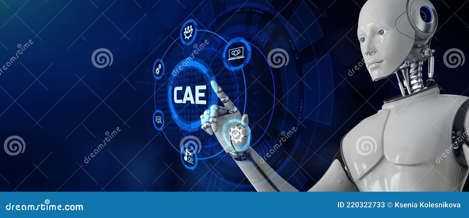cae computer-aided engineering software system. technology concept. robot pressing button on screen 3d render