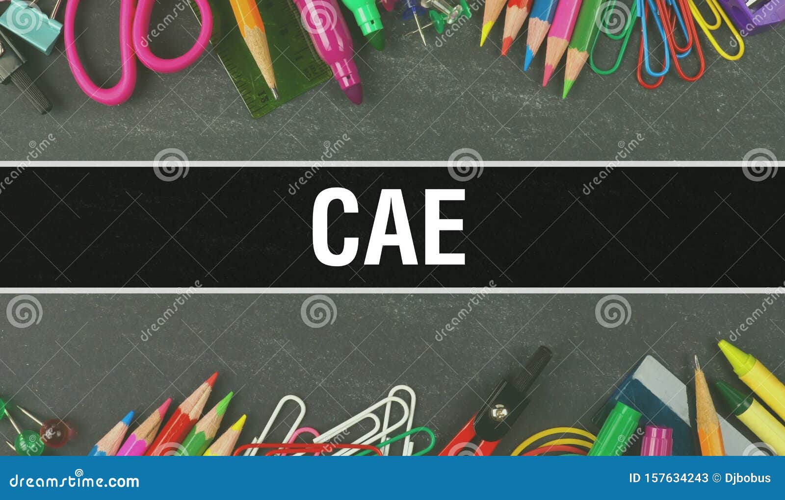 cae text written on education background of back to school concept. cae concept banner on education sketch with school supplies.