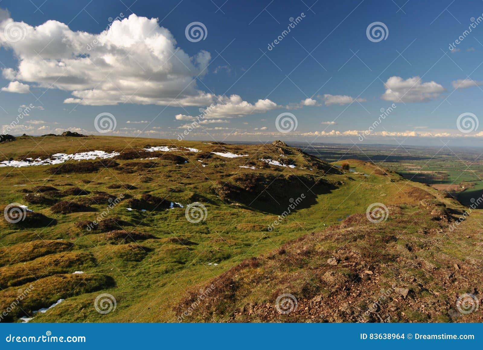 caer caradoc, area of outstanding natural beauty in spring, shropshire hills, wales, uk