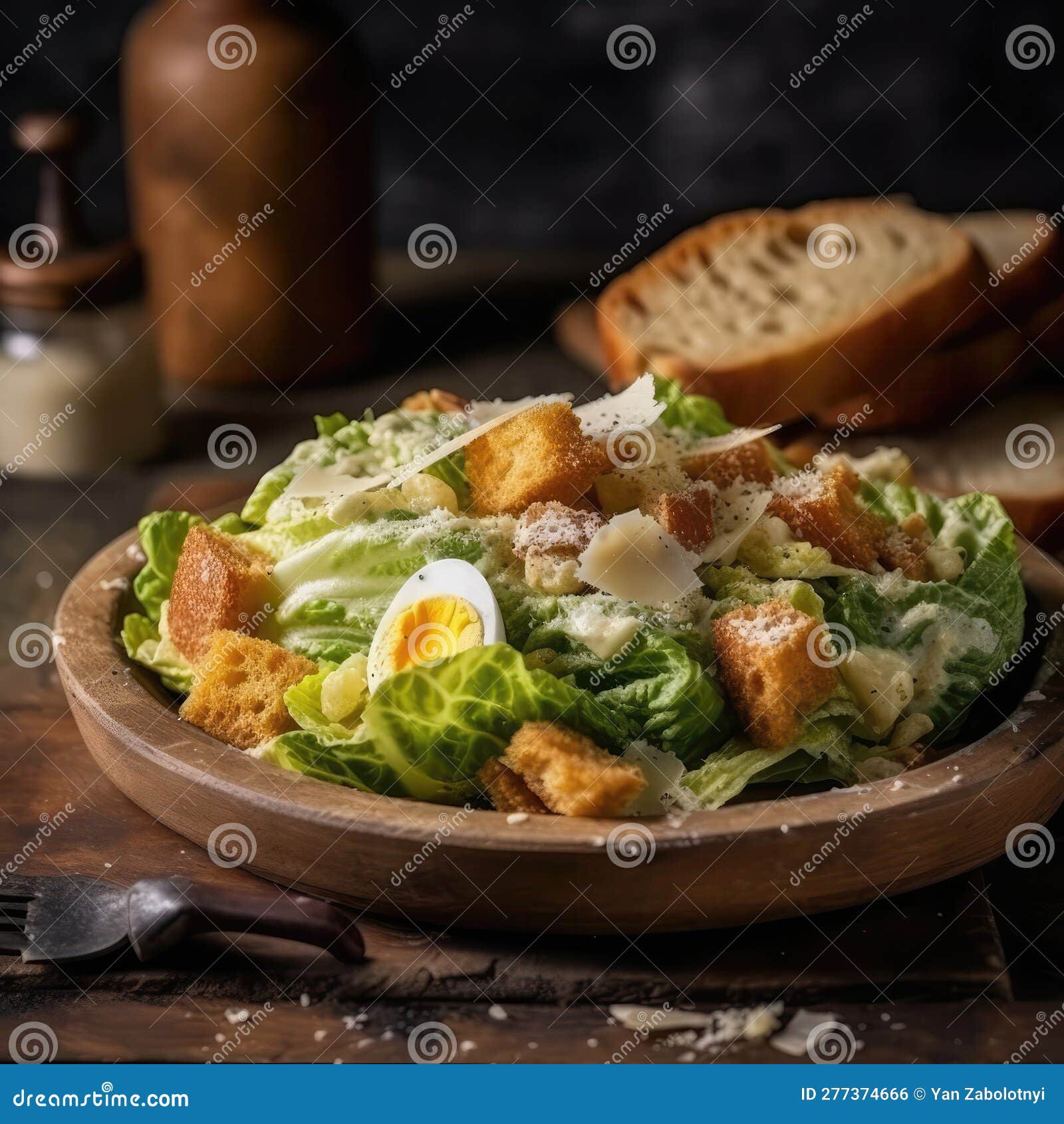 Caesar Salad on Stone in Rustic Pub. Generative AI Stock Illustration