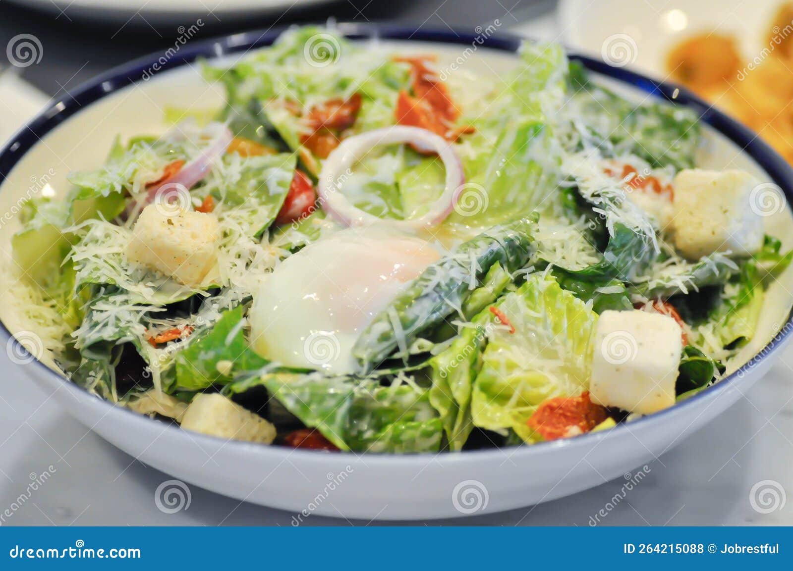 Caesar Salad or Vegetable Salad with Bacon and Soft Boiled Egg , Bread