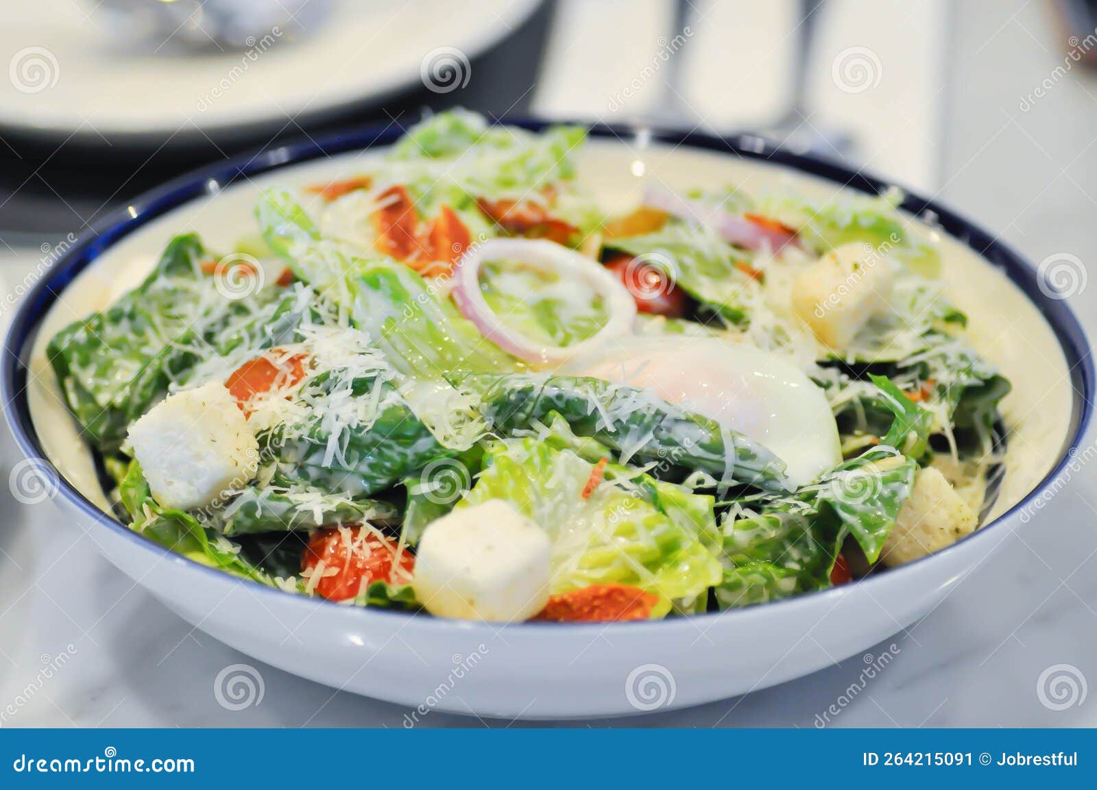 Caesar Salad or Vegetable Salad with Bacon and Soft Boiled Egg , Bread