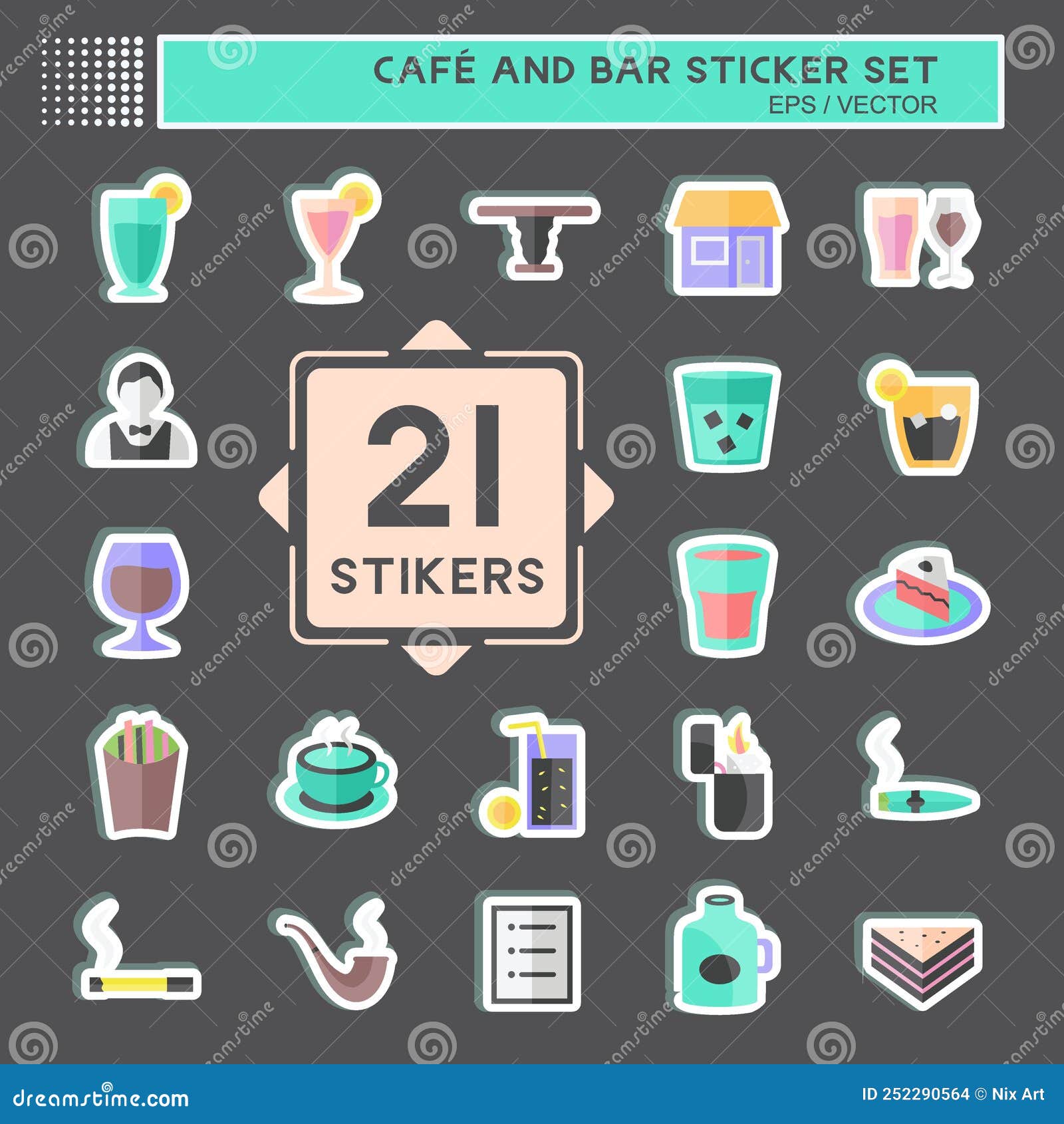 Cafe and Bar Icon Set Sticker in Trendy Isolated on Black Background
