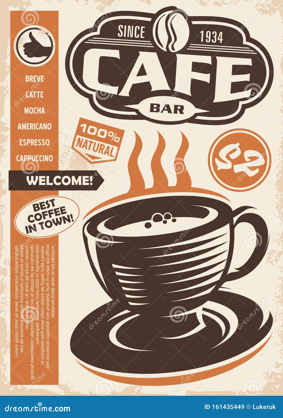 cafe bar retro ad with coffee cup and menu list
