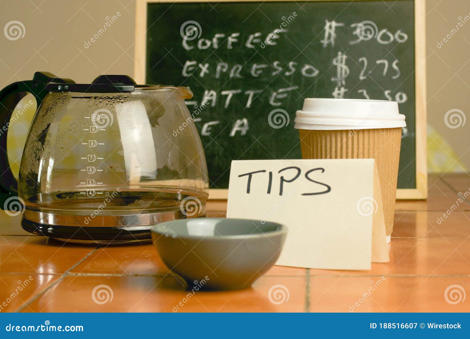 Cafe Counter with Coffee Cup, Prices and Tip Box Stock Image Image of