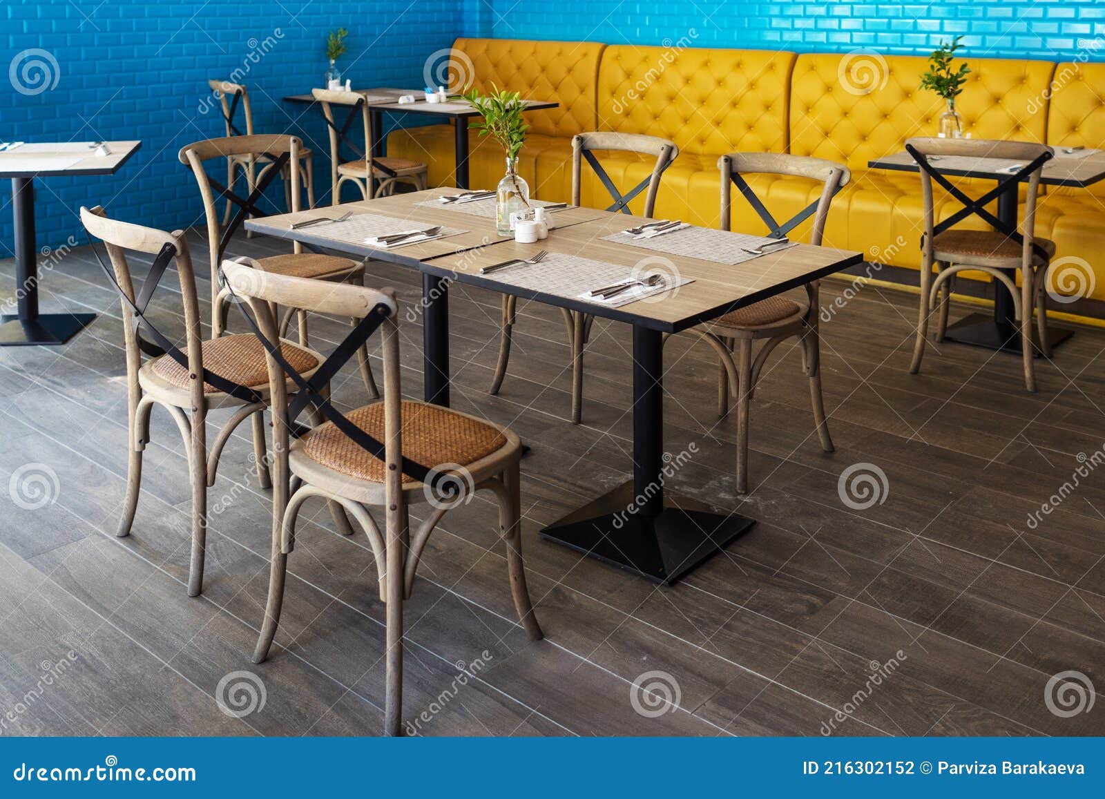 Cafe Interior Design with Table and Chairs Stock Photo - Image of plant