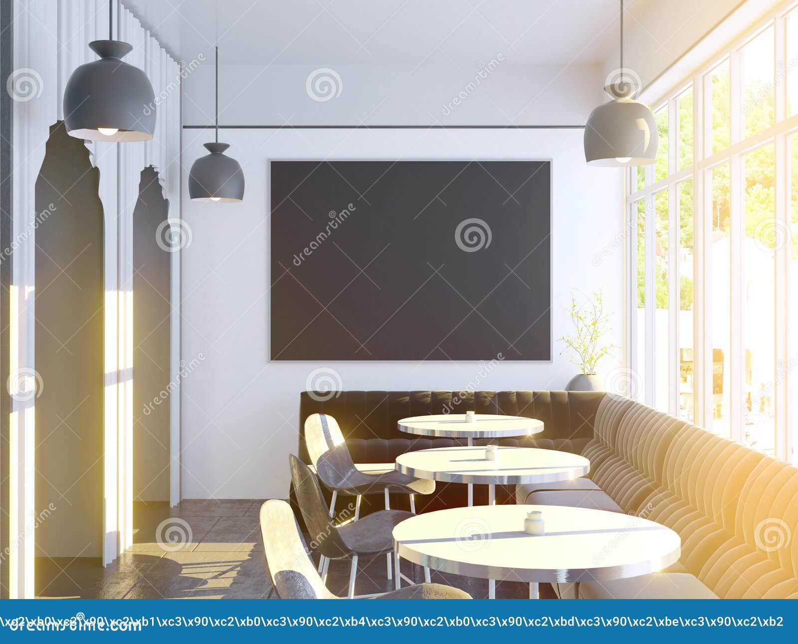 Download Cafe Interior With A Large Sofa, Wooden Floor. 3d Rendering. Illustration Mock Up. Stock ...