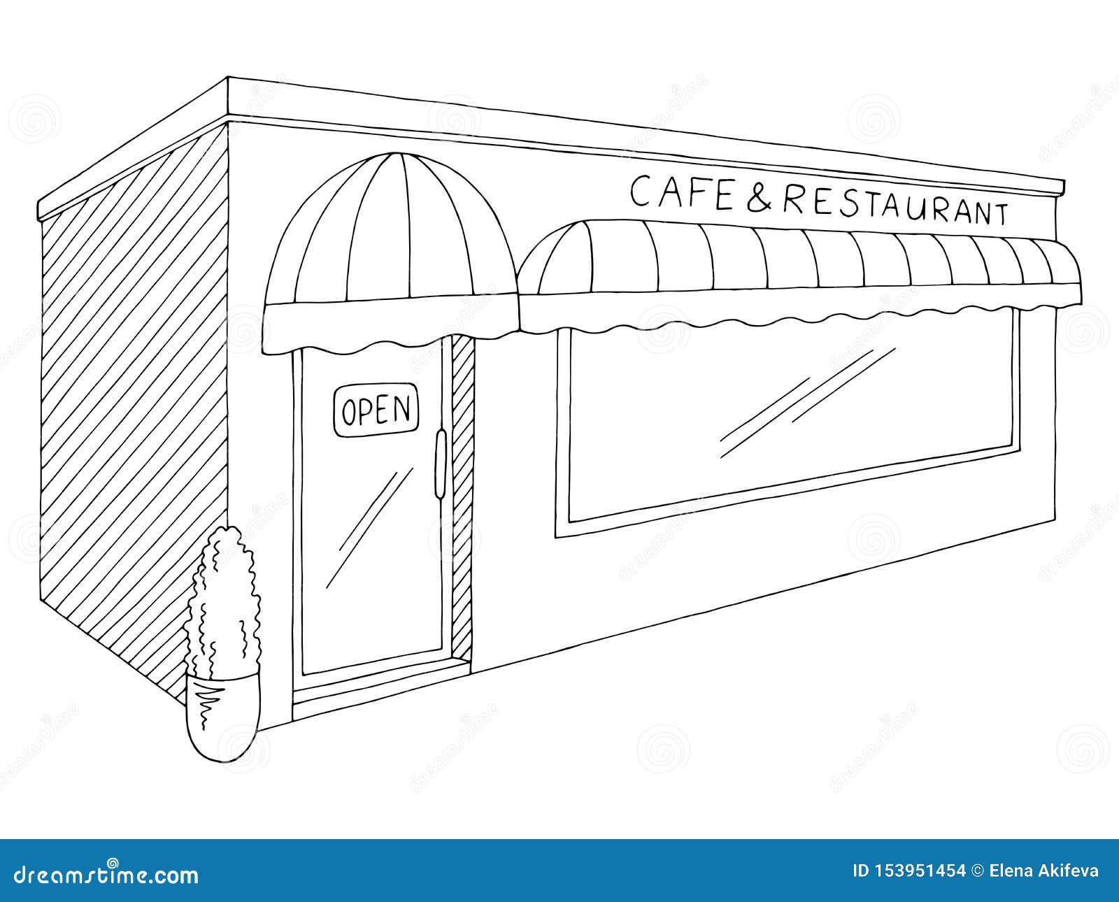 Cafe Restaurant Exterior Graphic Black White Isolated Sketch