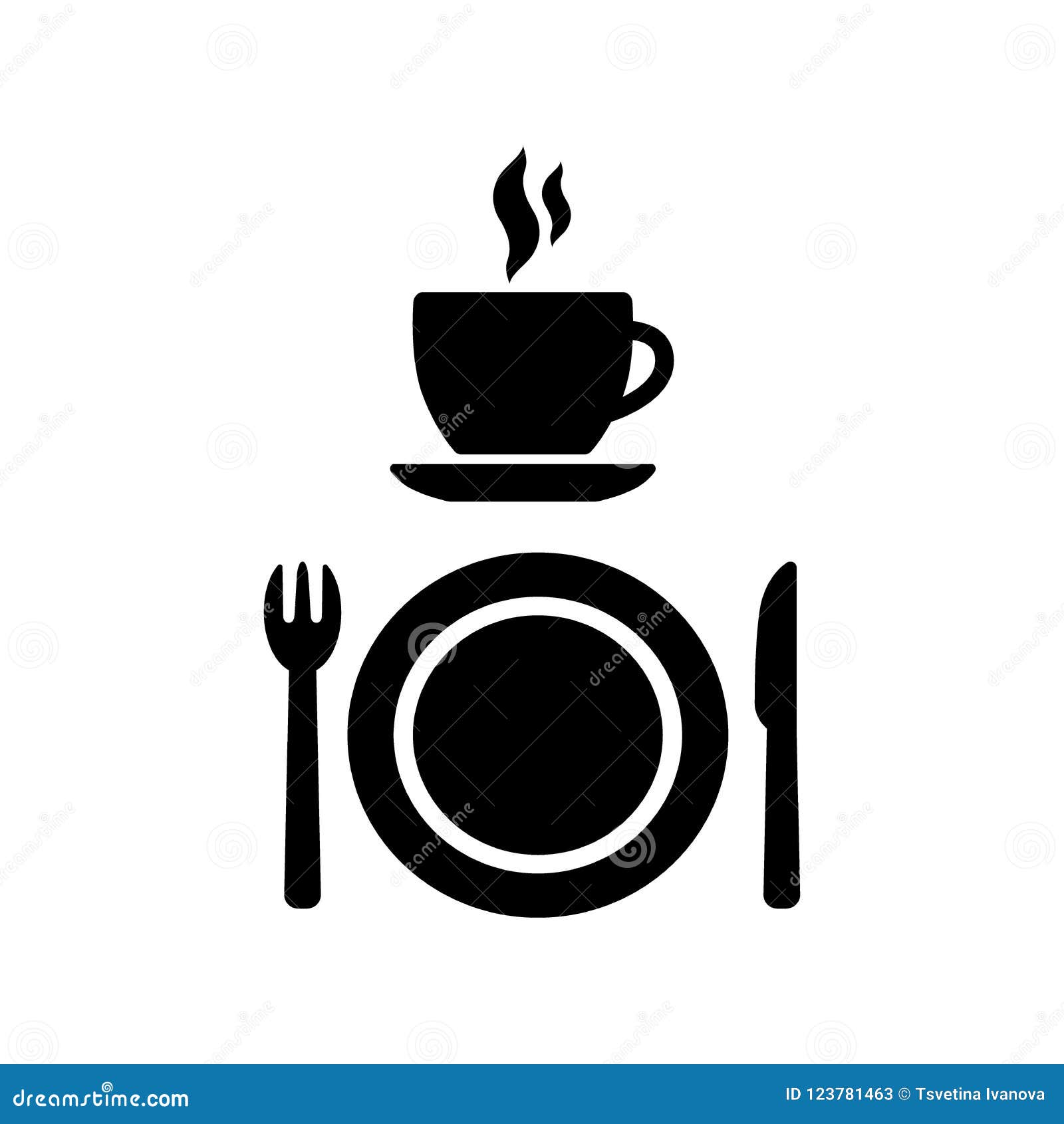 Cafeteria- und Restaurantvektorzeichen Kaffeetasse mit Rauche, einer Gabel, einem Messer und Symbolen einer Plattenikone Restaura. Cafeteria-, Café- und Restaurantvektorzeichen Kaffeetasse mit Rauche, einer Gabel, einem Messer und Symbolen einer Plattenikone Restaurant- und Caféikonen