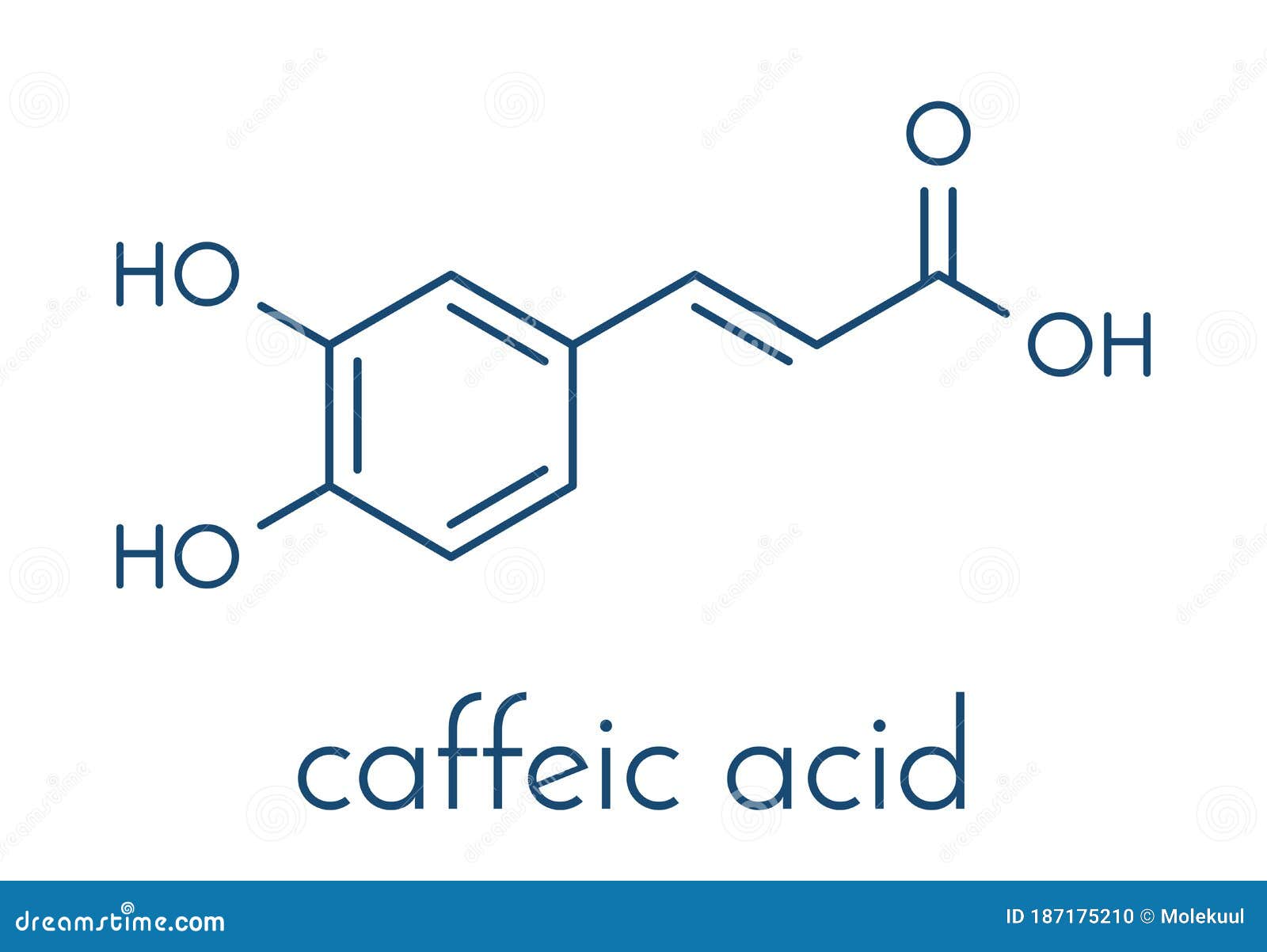 caffeic acid molecule. intermediate in the biosynthesis of lignin. skeletal formula.