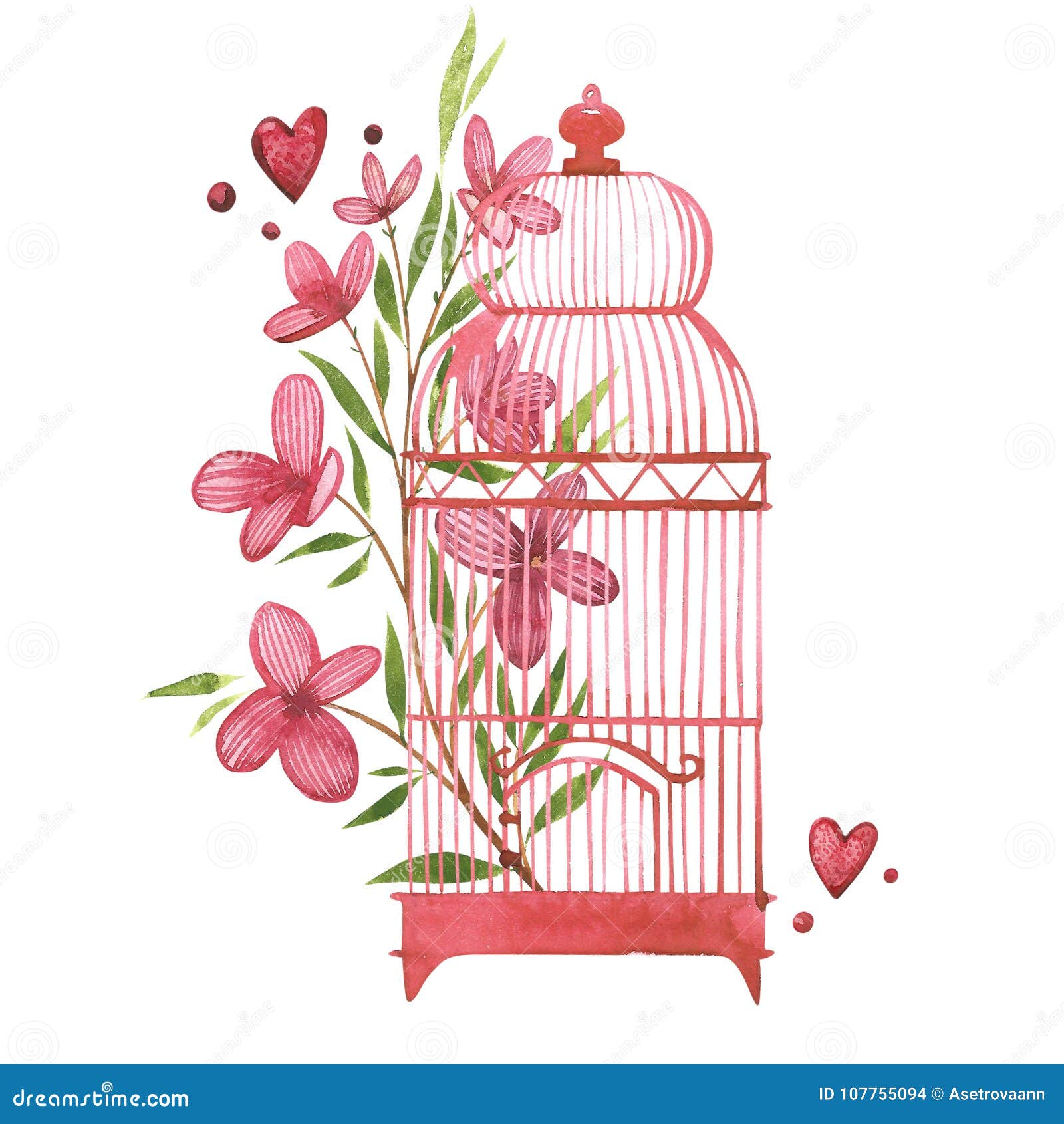 Cage à Oiseaux Avec Des Fleurs Ensemble De Rose Daquarelle
