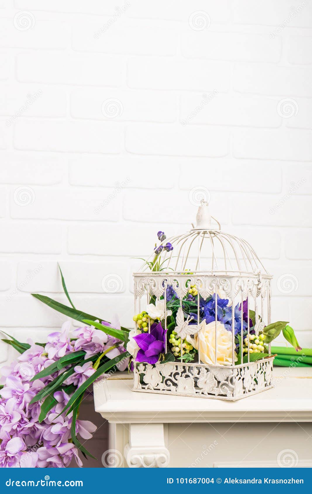 Cage à Oiseaux Décorative De Vintage Blanc Avec De Belles