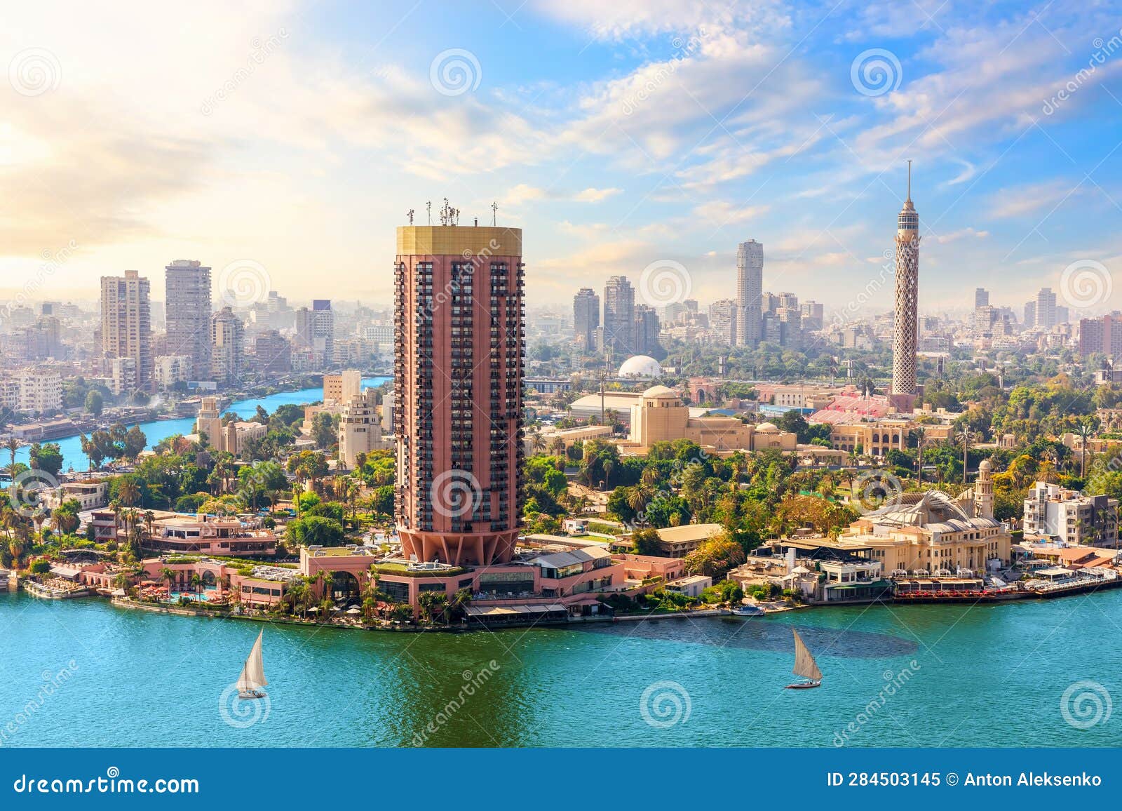 Cairo Downtown Panorama on the Tower, Nile and Hotels, Egypt Stock