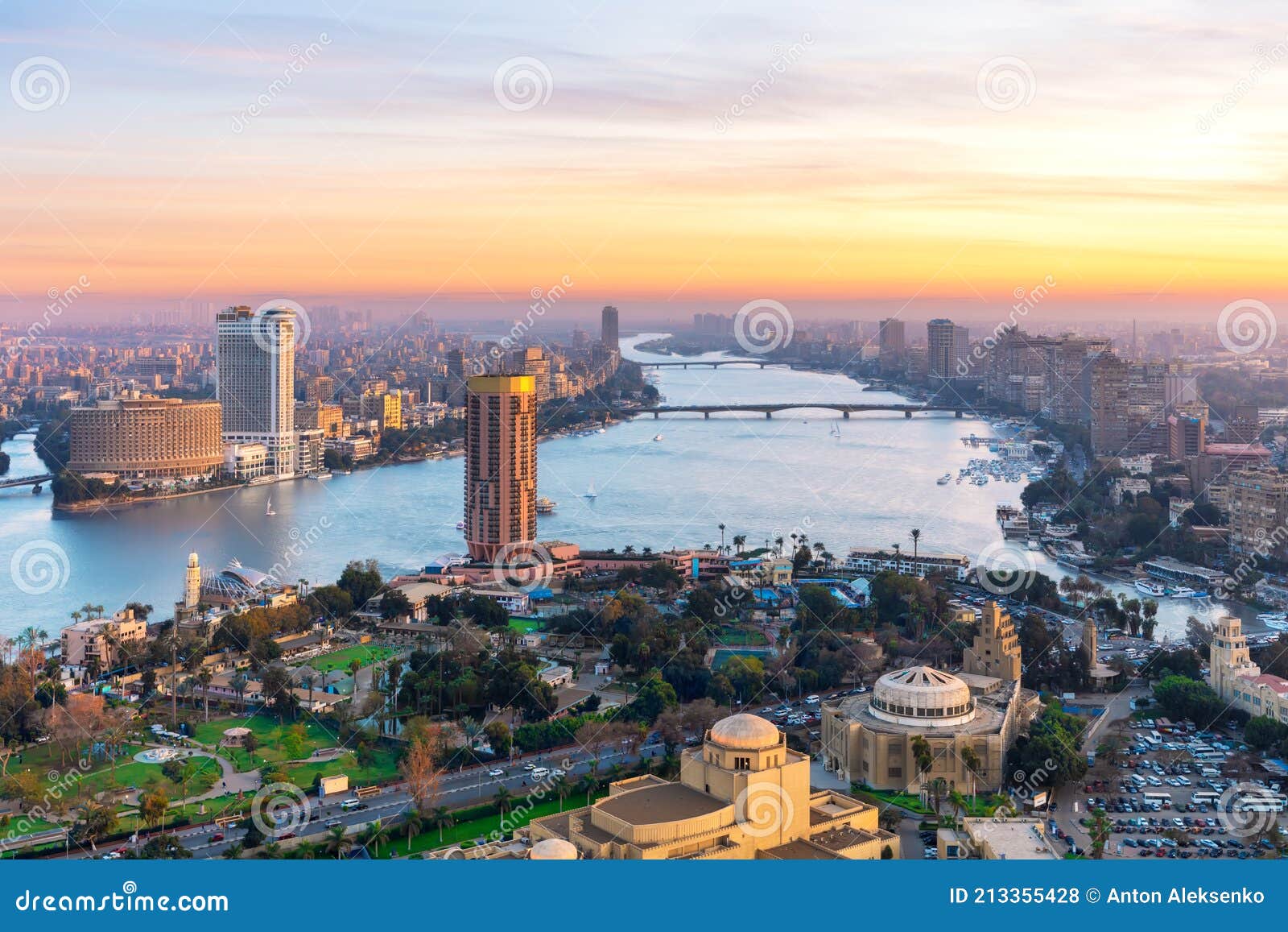 cairo downtown with skyscrappers on the nile at sunset, egypt