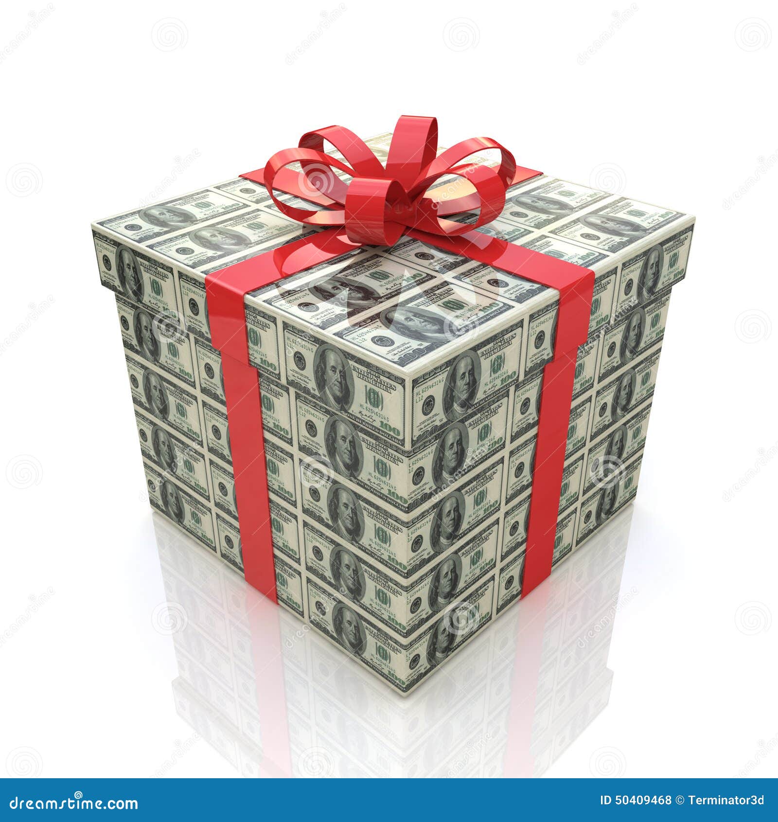 Caja de regalo del dinero con la cinta roja en un fondo blanco en el diseño de relacionado con la información a los días de fiesta y a la riqueza