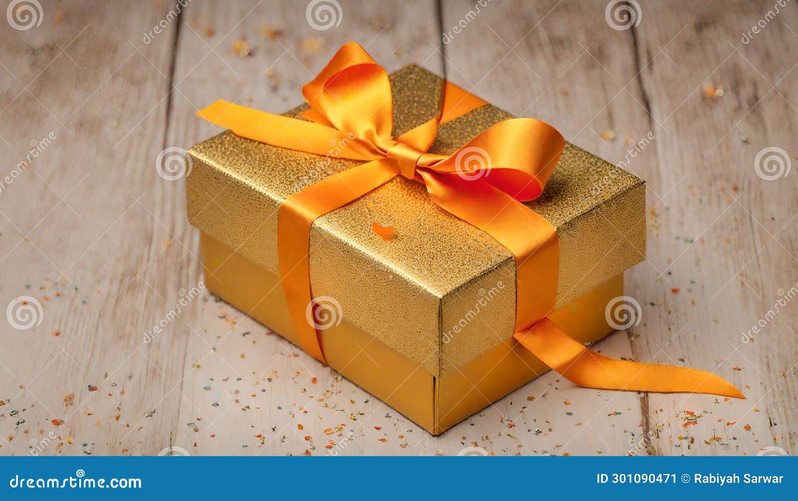 caja de regalo dorada con lazo amarillo entre confeti y fondo naranja