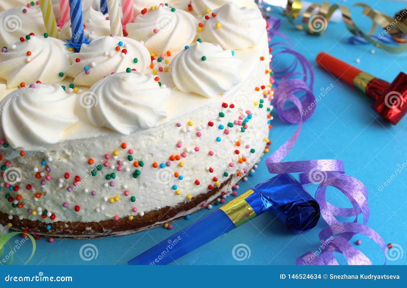 Birthday Cake With Candles For Birthday On A Blue Background With Confetti Stock Photo Image Of Dessert Baked
