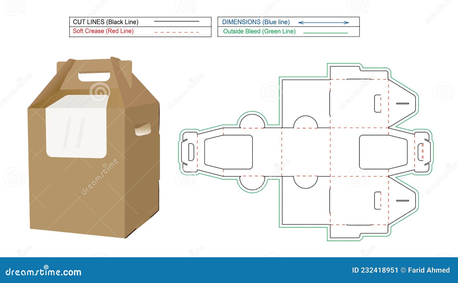 Cake Box with Handle or Hanger Assemble without Glue, Dieline Template