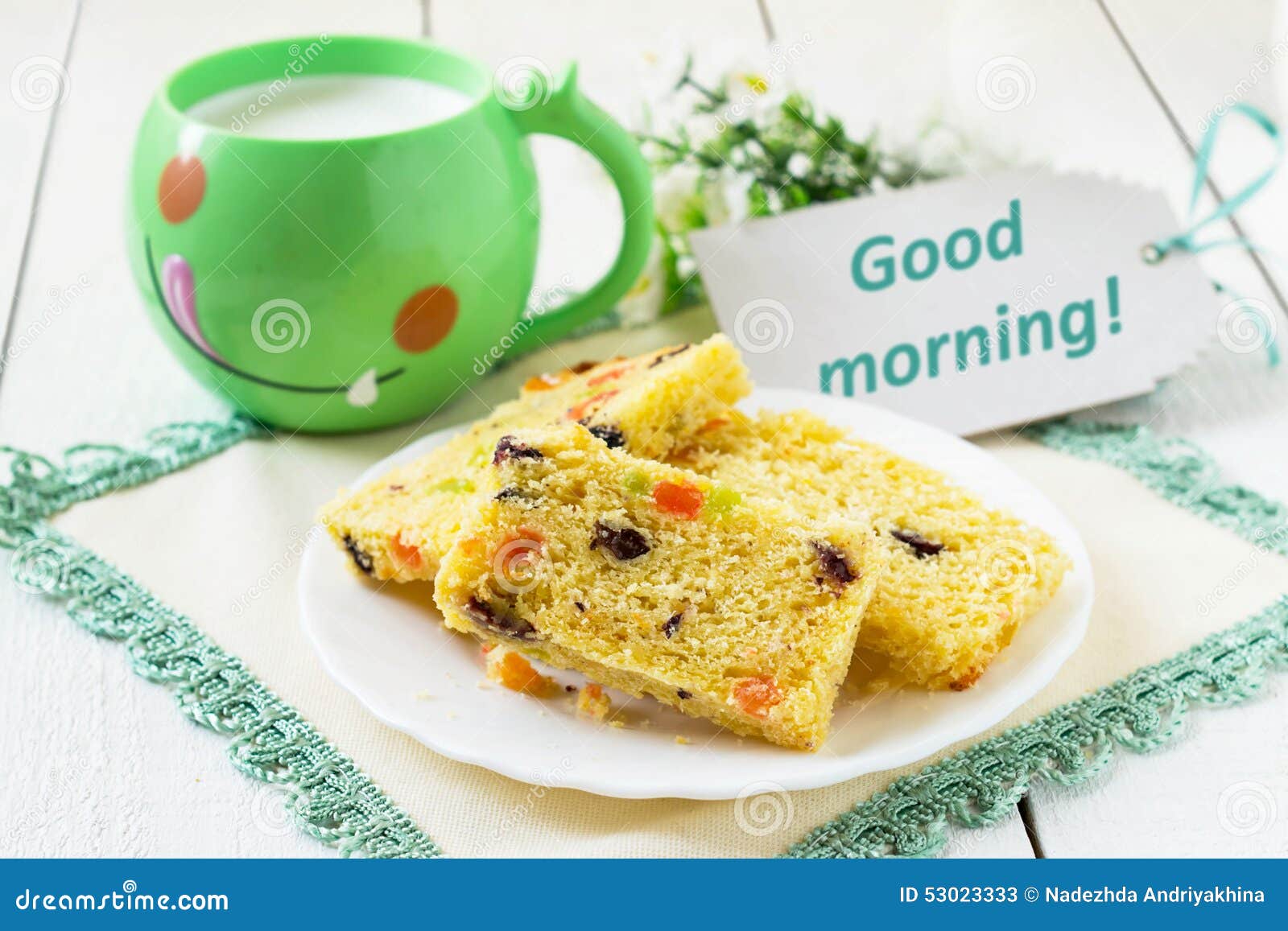 Cake with Candied Fruit, Milk in a Mug Stock Image - Image of ...