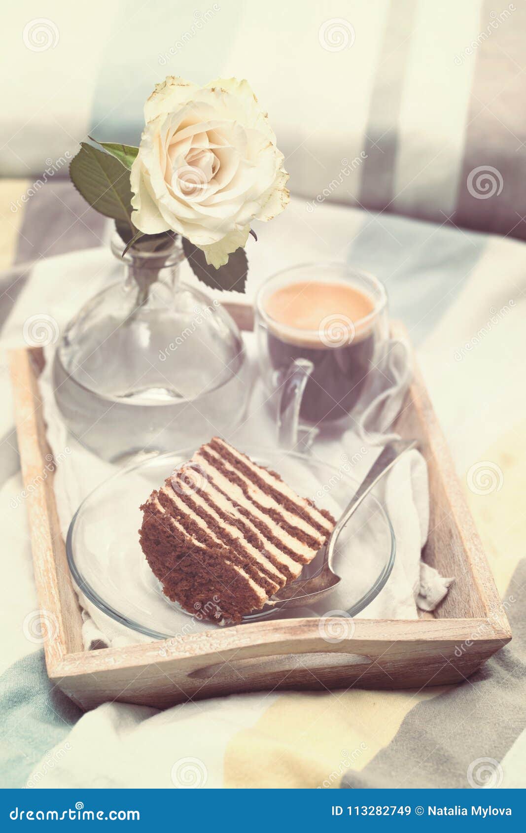 Cake with Coffee and Flower in Tray on Bed Stock Image - Image of ...