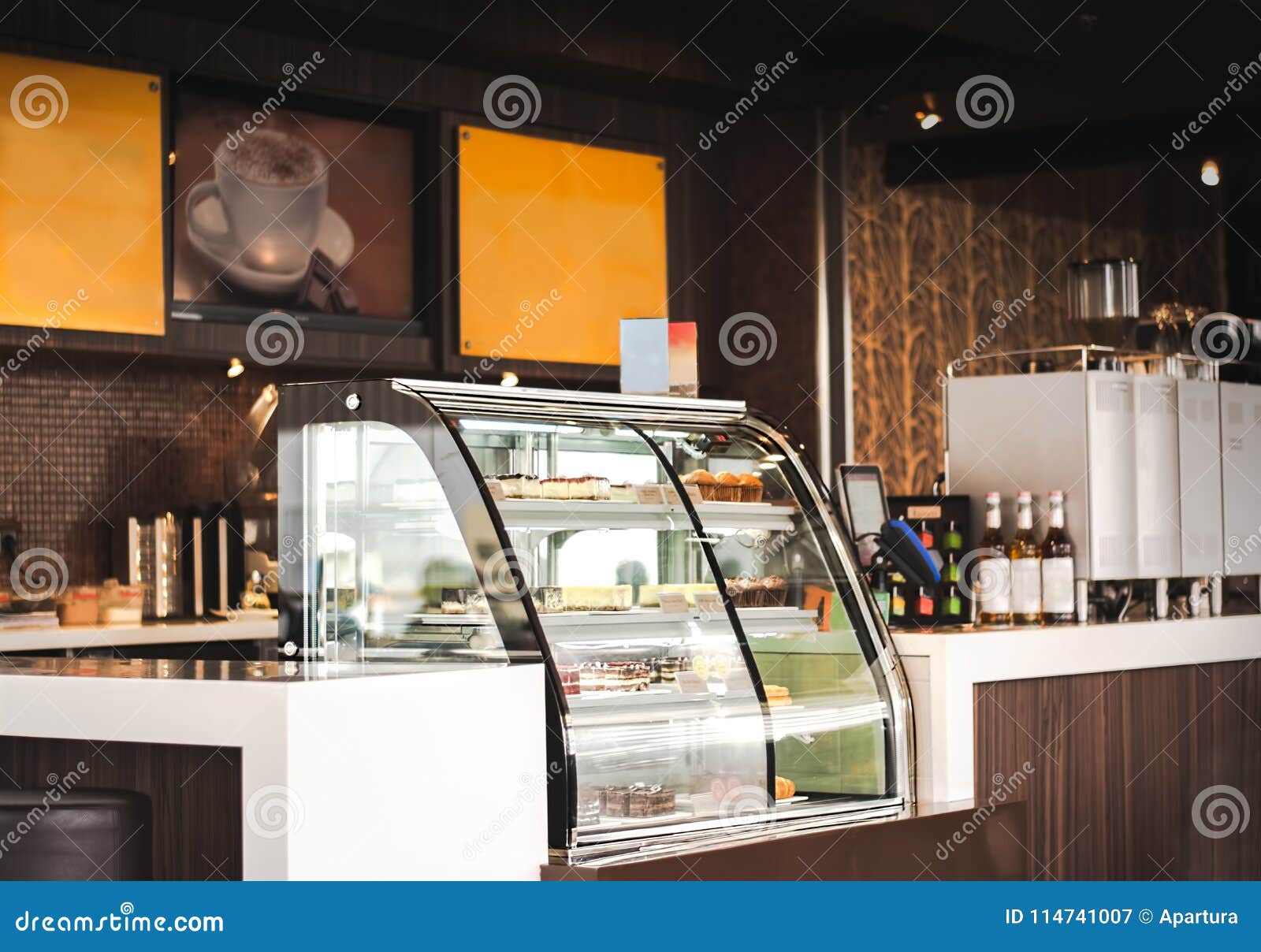 cake display fridges on deli or coffee shop. restaurant interior concept.