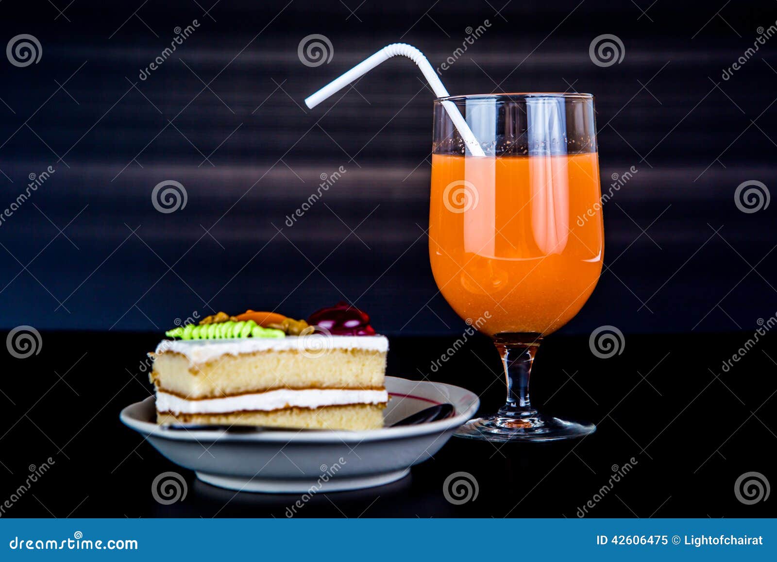 Cake with Juice on White Plate, Blue Background Stock Image Image of