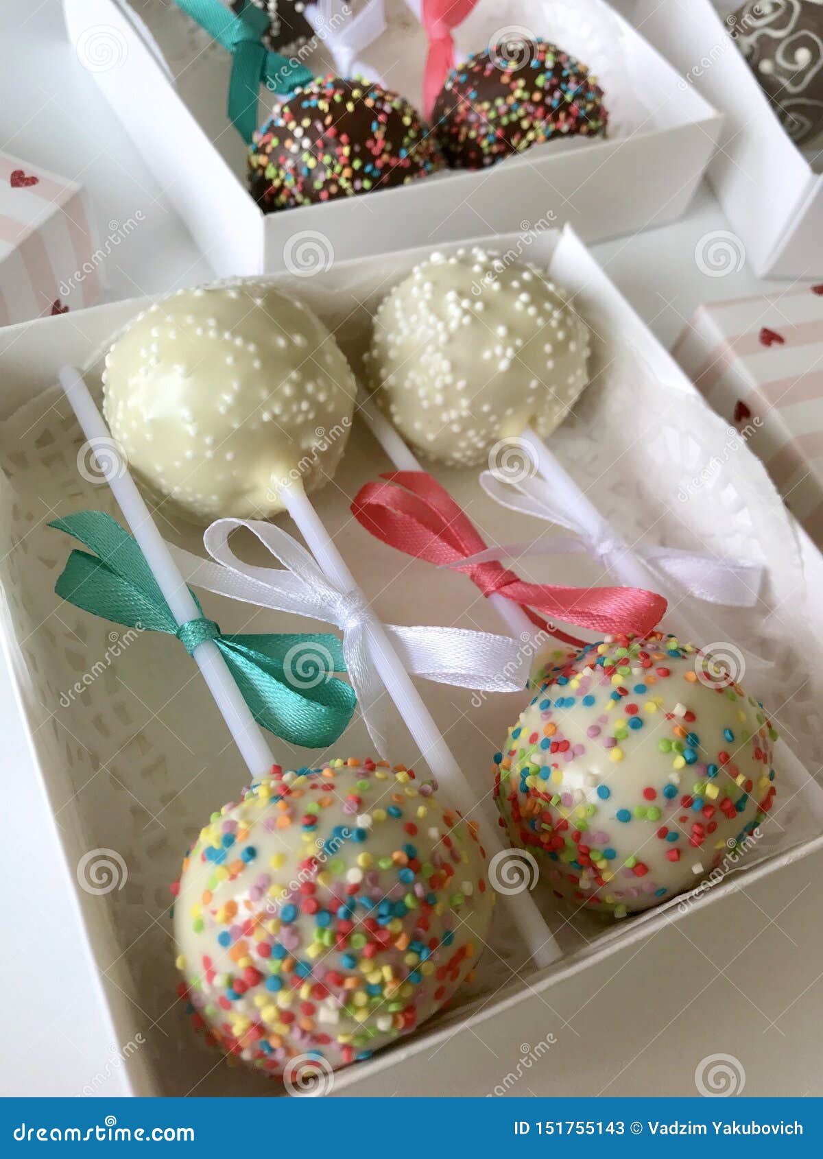 Cake Pops Decorated with a Bow of Braid, Packed in a Gift Box. on the