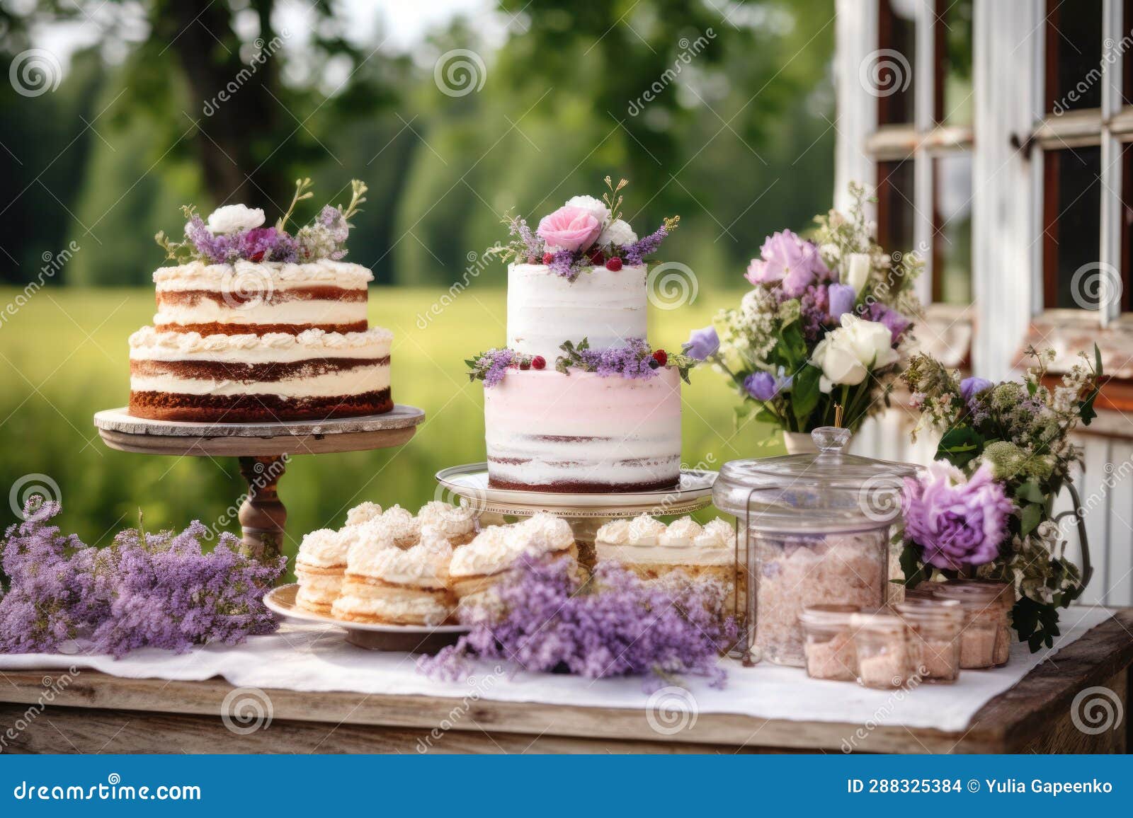 A Cake Table in an Outdoors Setting Stock Photo Image of plate
