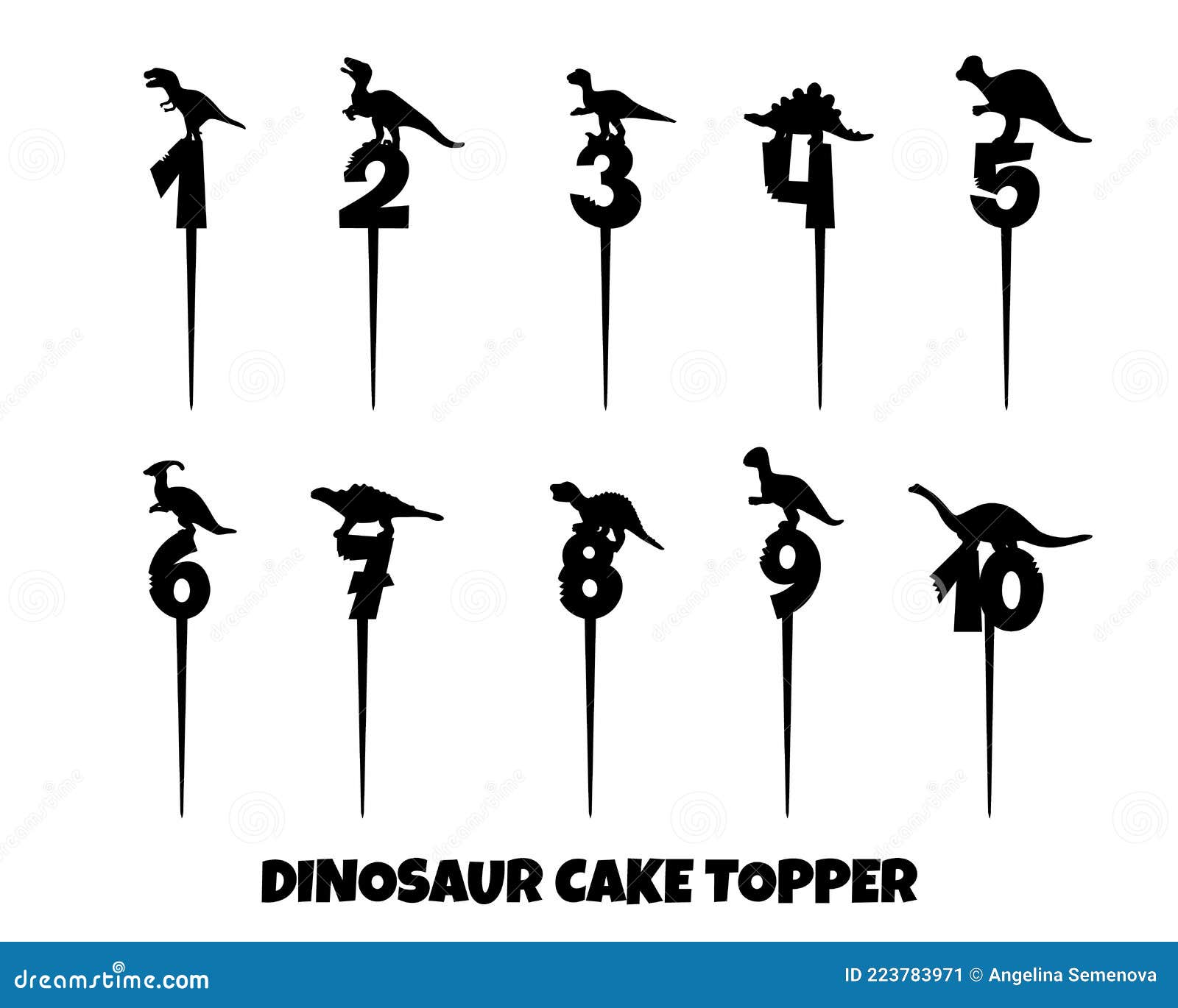 cake topper with ten numbers and dinosaur silhouettes.   for laser cut machines. decor for pie