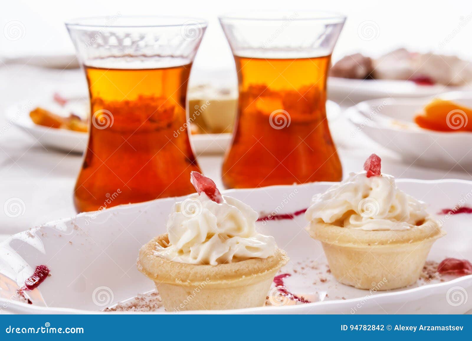 Cake with Whipped Cream and Tea in Glass Glasses Stock Photo Image of