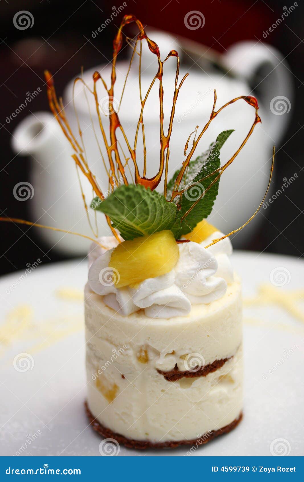Cake with Wood Pineapples, Sweet Sauce and Whipped Stock Image Image