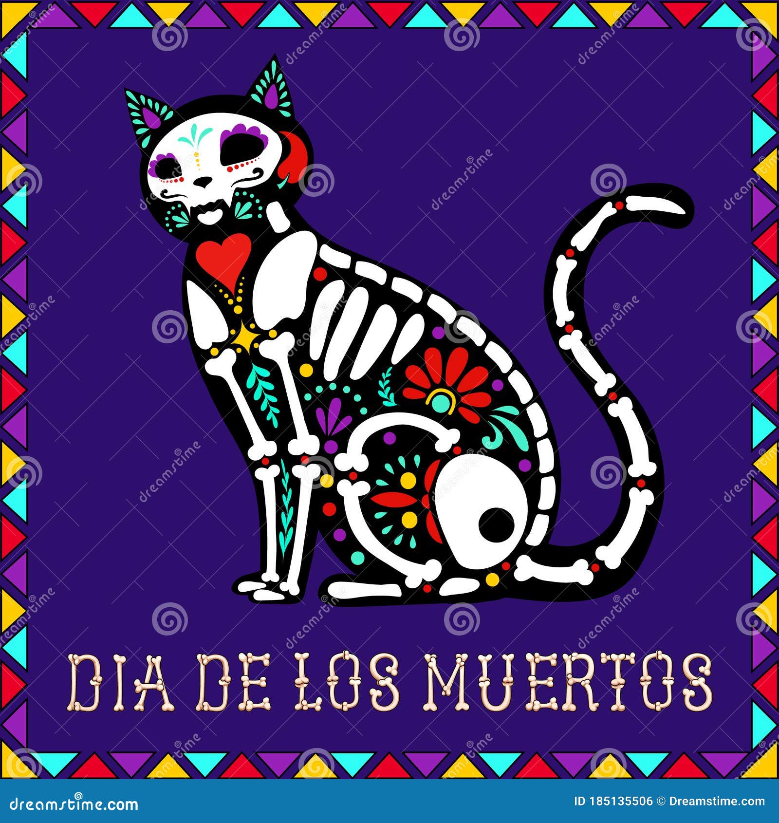 calavera cat on a purple background with a frame and the inscription dia de muertos
