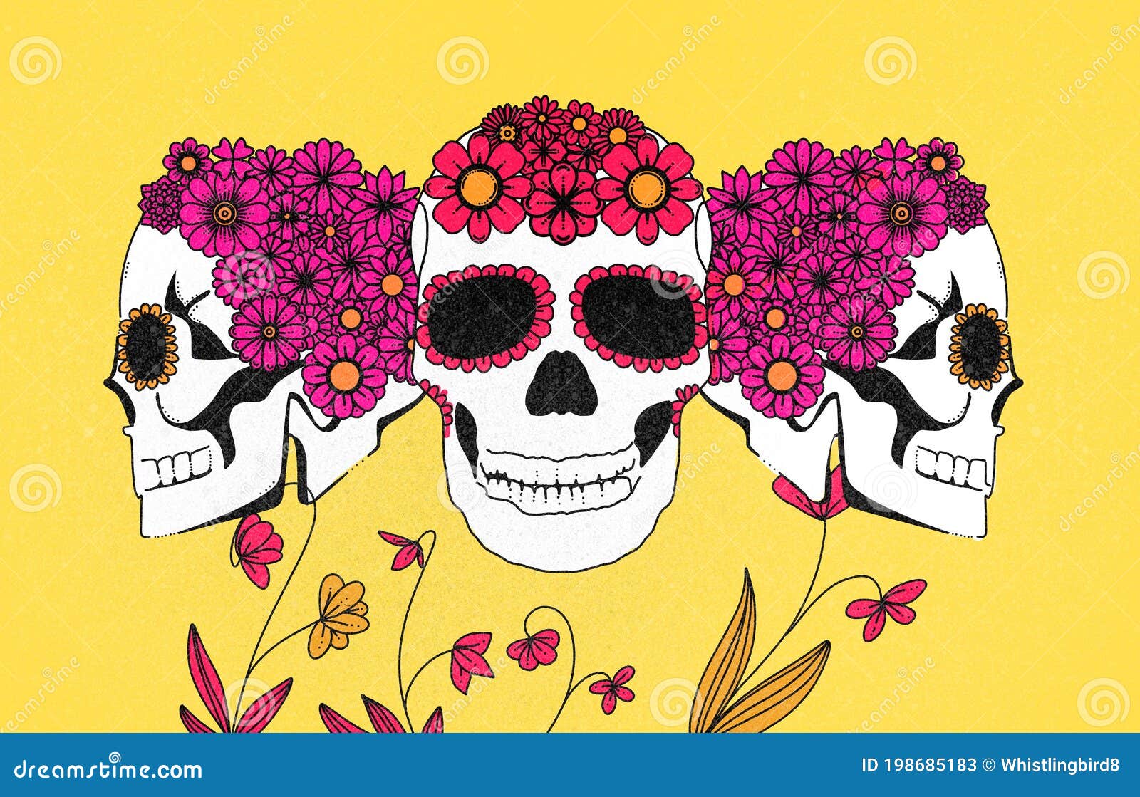 Calavera Con Ilustración De Flores Cabeza Sobre Fondo Amarillo Stock de  ilustración - Ilustración de rebanada, esqueleto: 198685183