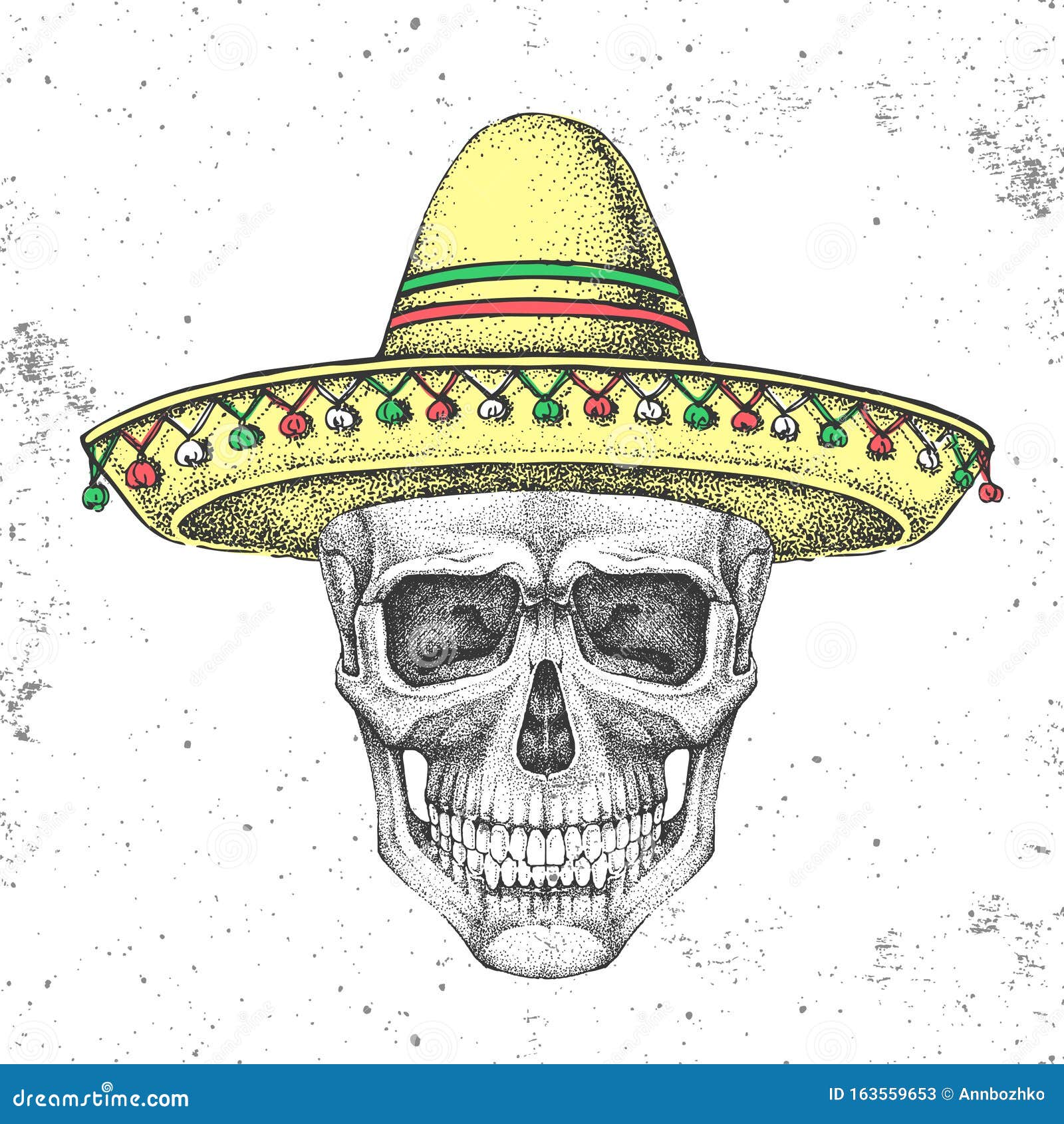 Calavera De Hipster Con Sombrero Sombrero Con Sombrero Mexicano Sobre Fondo  Grueso. Estilo De Moda Hipster Ilustración del Vector - Ilustración de  divertido, quijada: 163559653