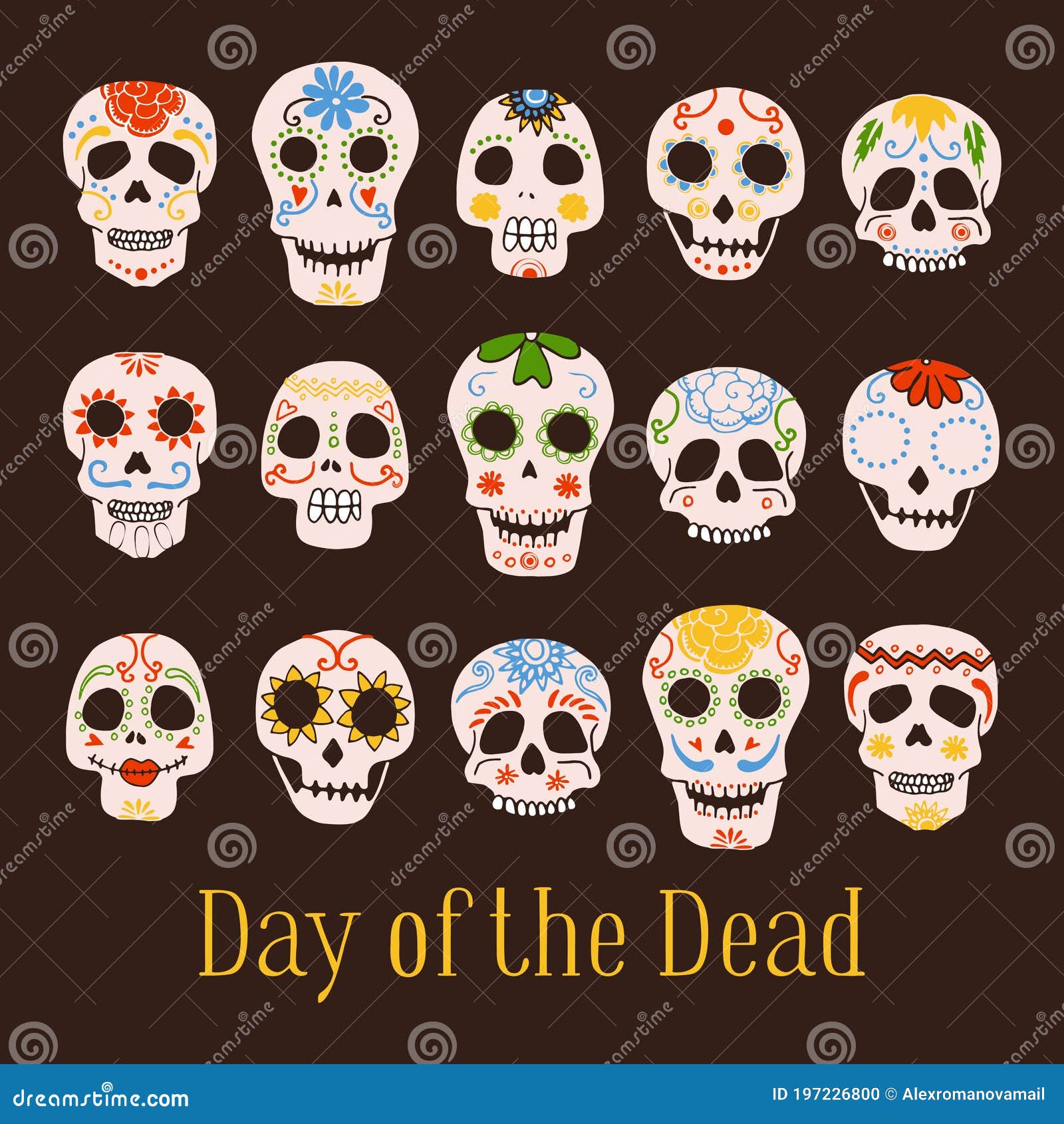 Calaveras Pintadas Mexicanas Del Día De Los Muertos Ilustración Vectorial  Dibujada Por Mano Ilustración del Vector - Ilustración de mano, vacaciones:  197226800