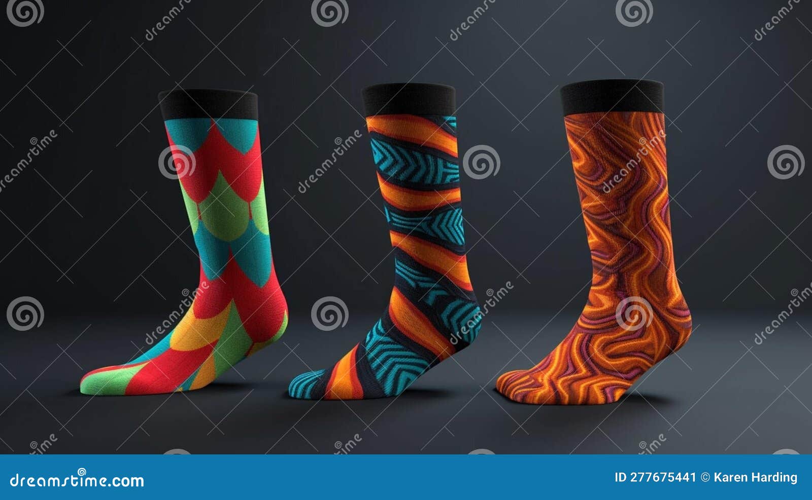 Calcetines Con Motivos De Colores Vivos Sobre Fondo Gris Stock de