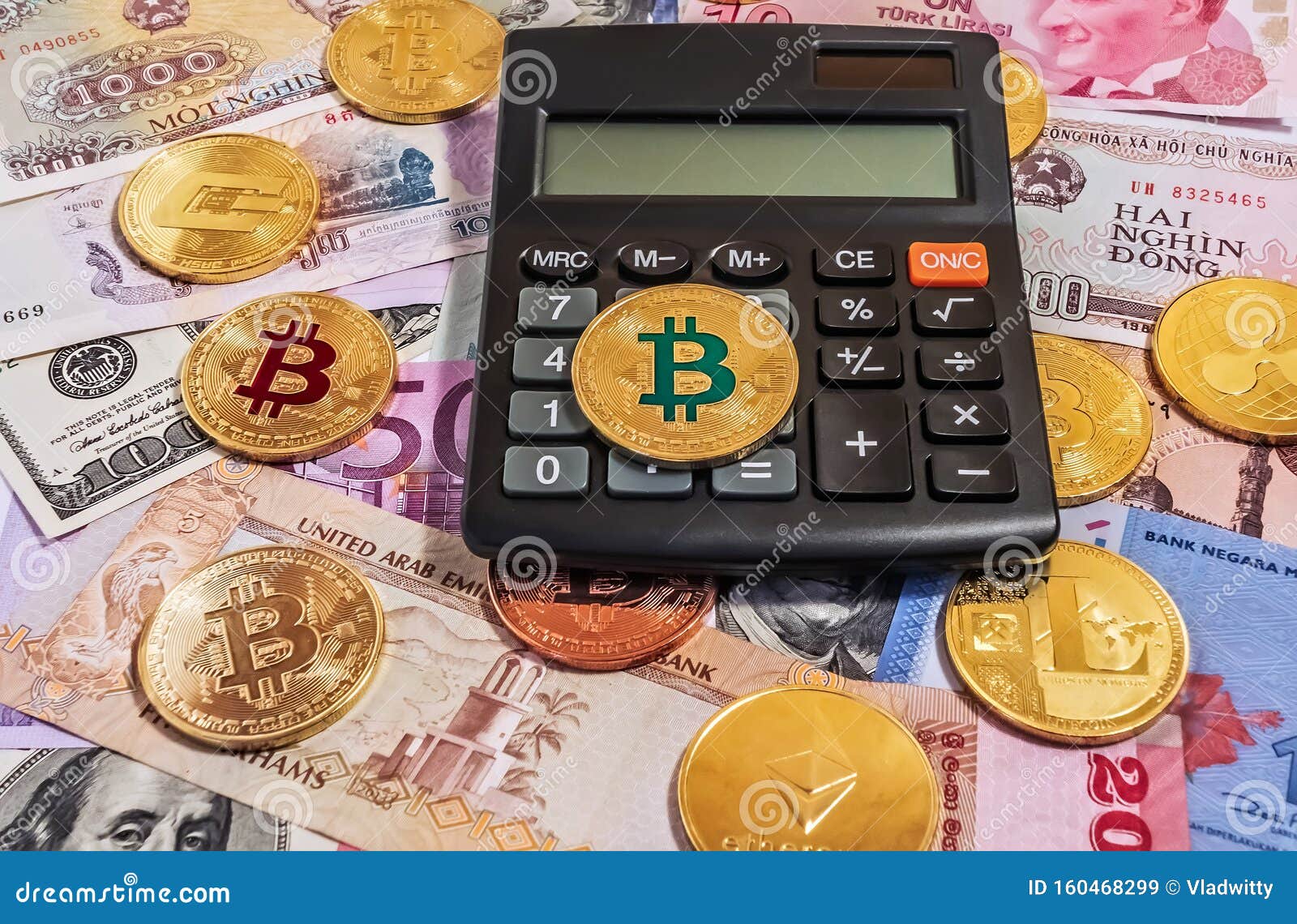 Calculadora De CriptografÃa De Oro En Moneda De Oficina Cambio De Billetes  BTC Imagen de archivo editorial - Imagen de impuesto, billete: 160468299