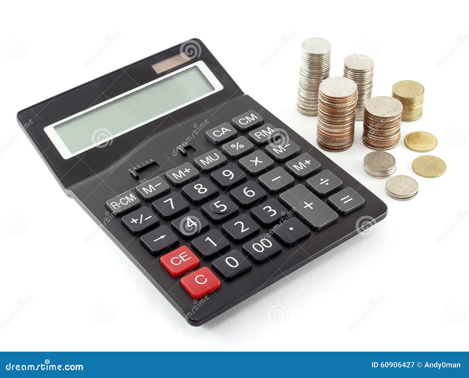 Close Up Black Calculator With Blank Screen And Stack Of Thai Baht Coins Isolated On White Background Stock Image Image Of Screen Pile 60906427