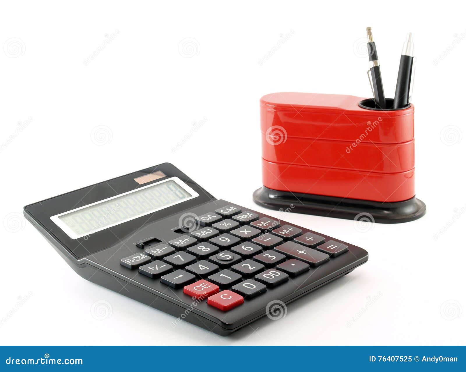 Black Calculator With Zero Number On Screen And Red Plastic Desk