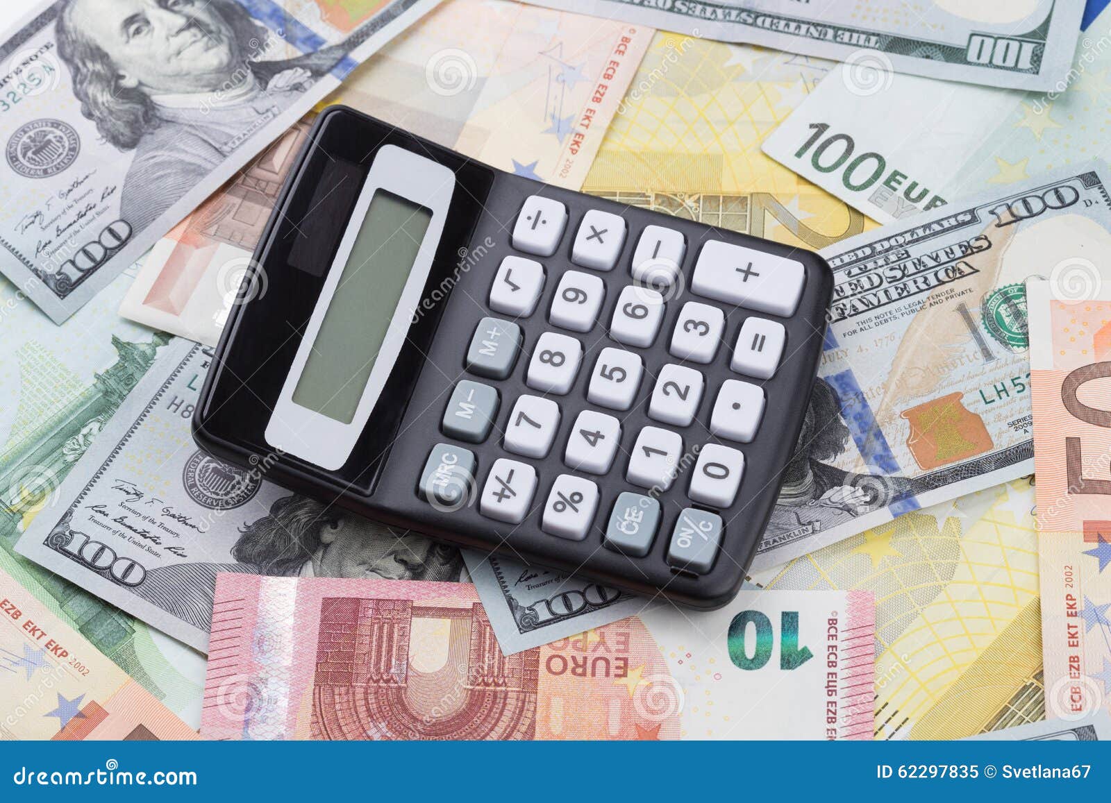 Calculator with Euro and Dollar Banknotes Stock Image Image of