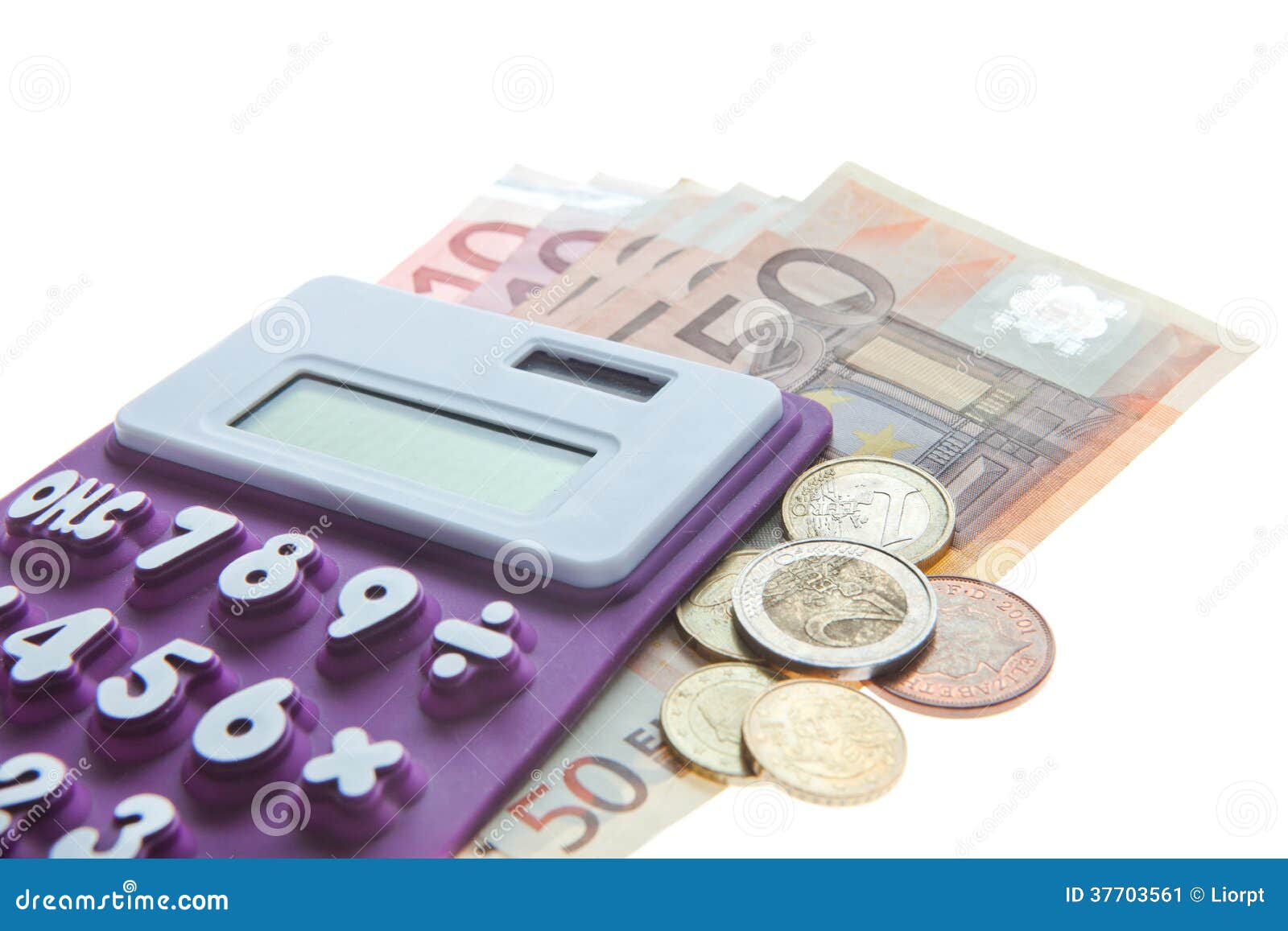 Calculator, Euro Notes and Euro Coins Isolated on White Stock Image