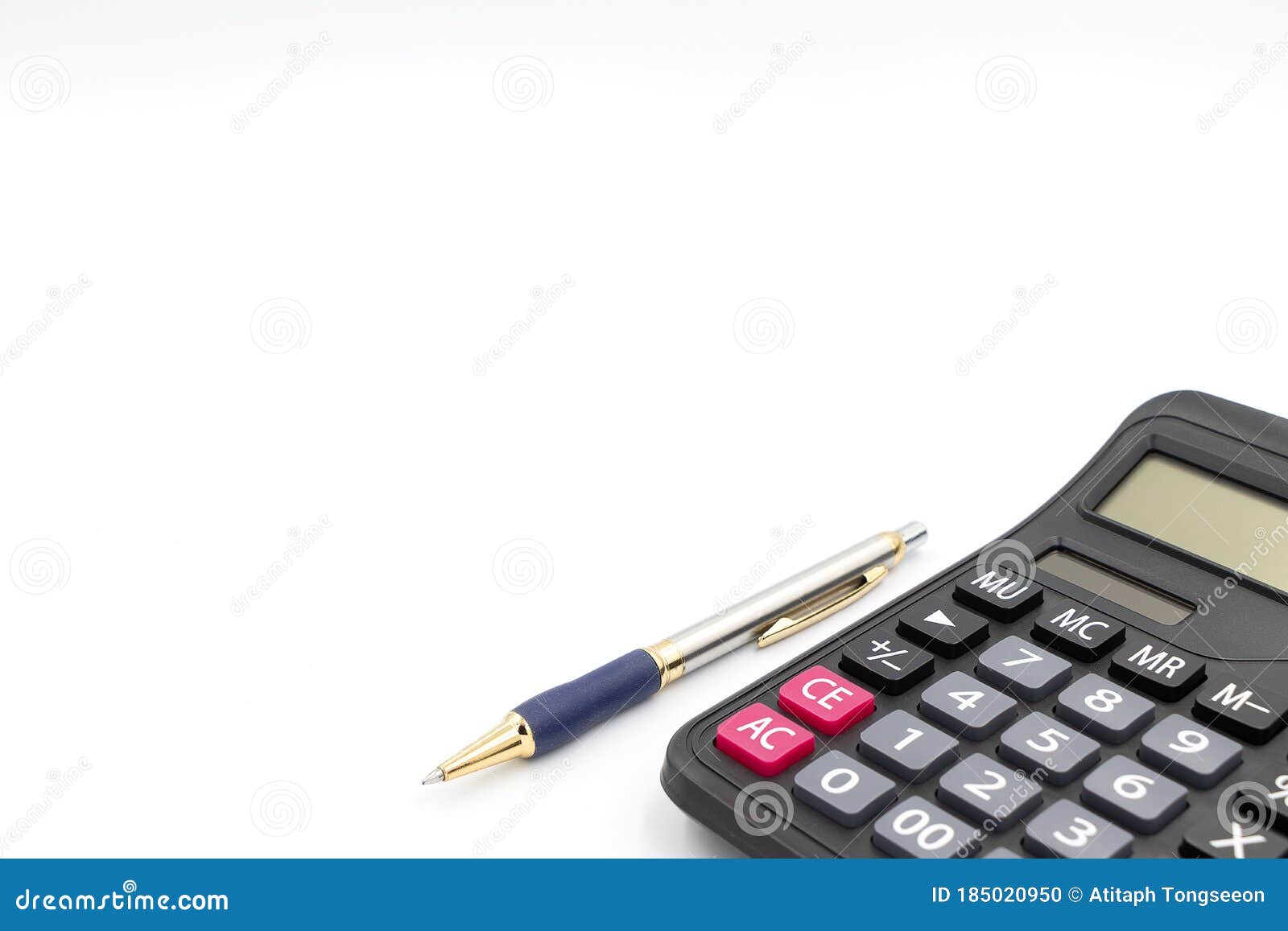 Calculator and Pen Isolated on White Background Stock Photo