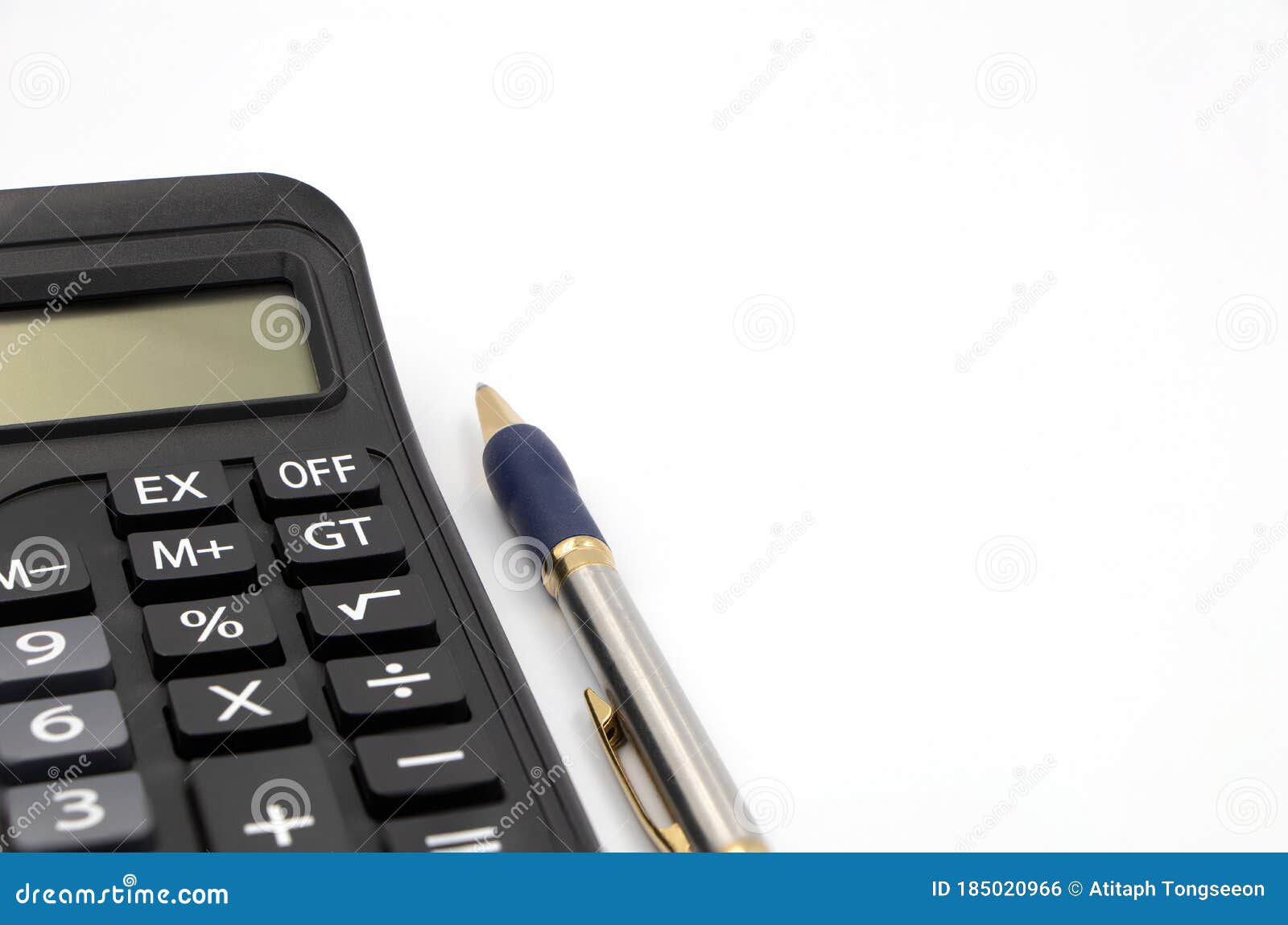 Calculator and Pen Isolated on White Background Stock Photo